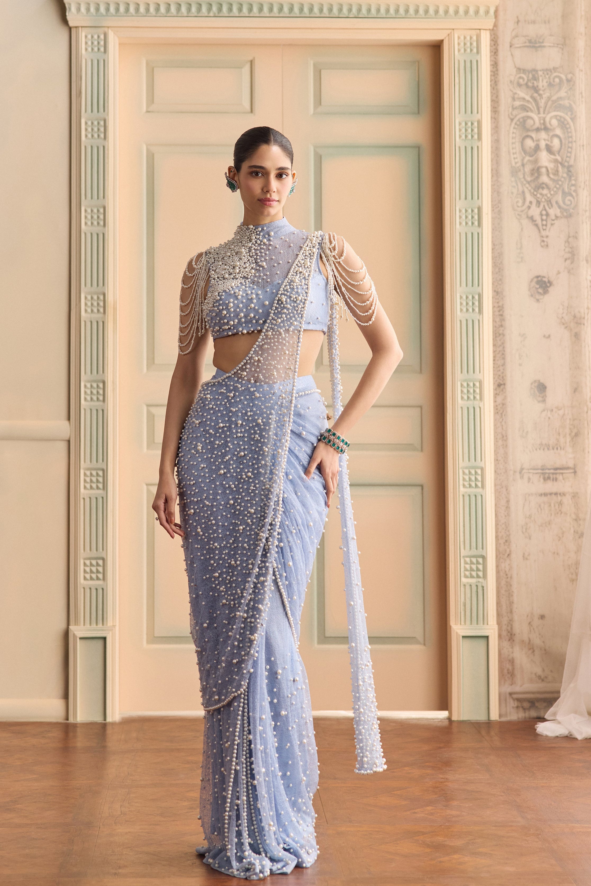 Skymist- Pearl halter saree