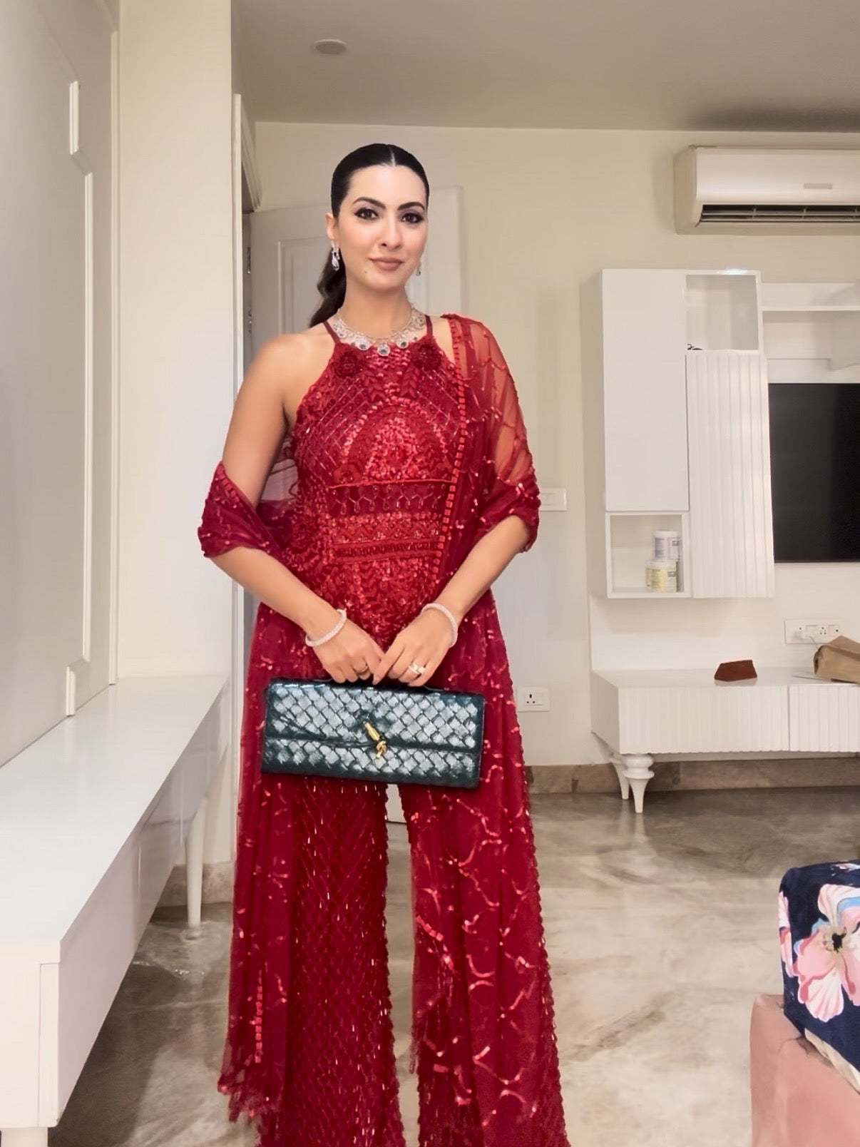 Niki Mehra in Red sharara set