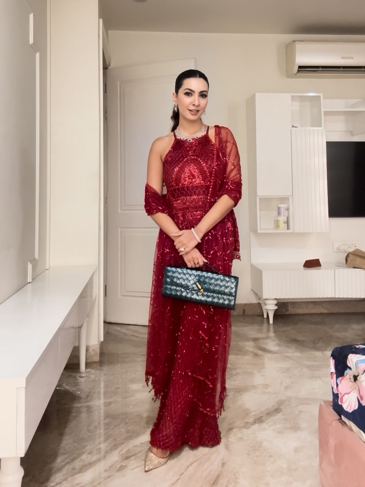 Niki Mehra in Red sharara set