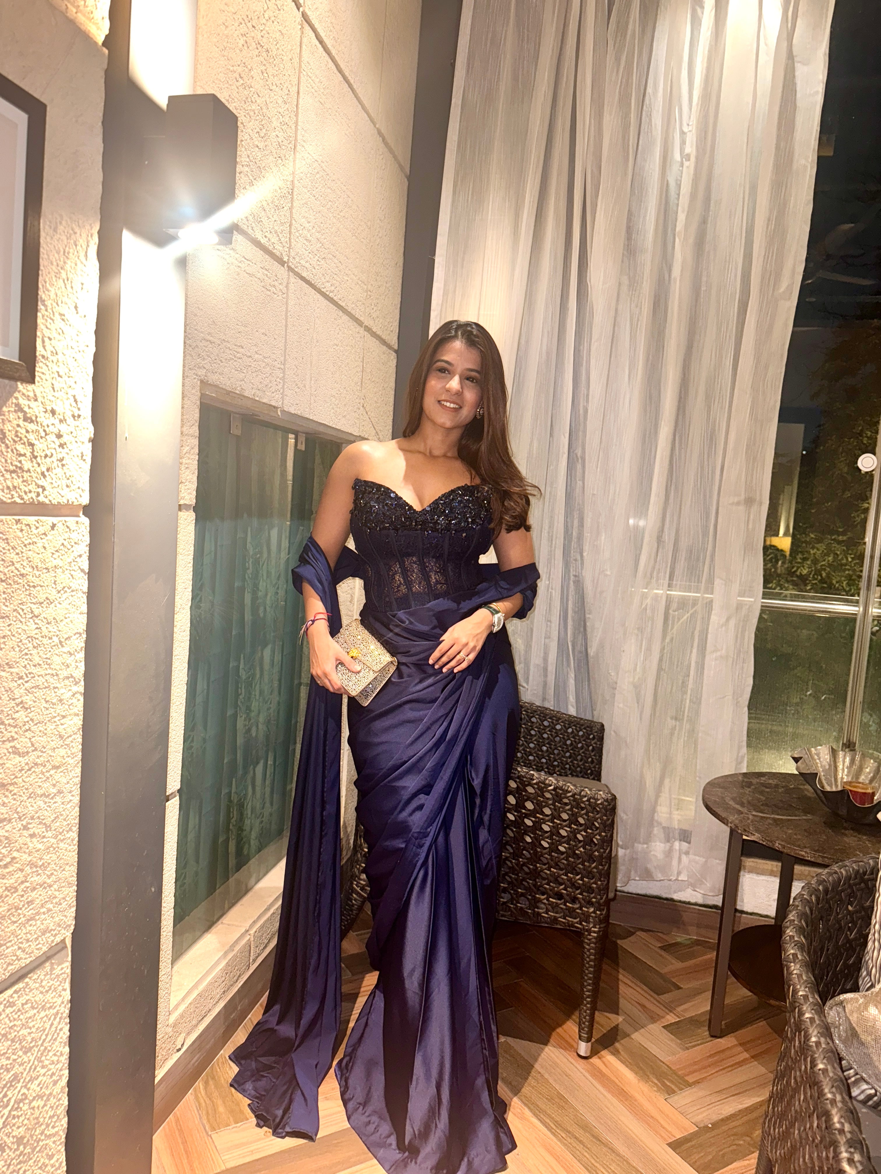 BLUE SEQUIN & LACE CORSET SAREE