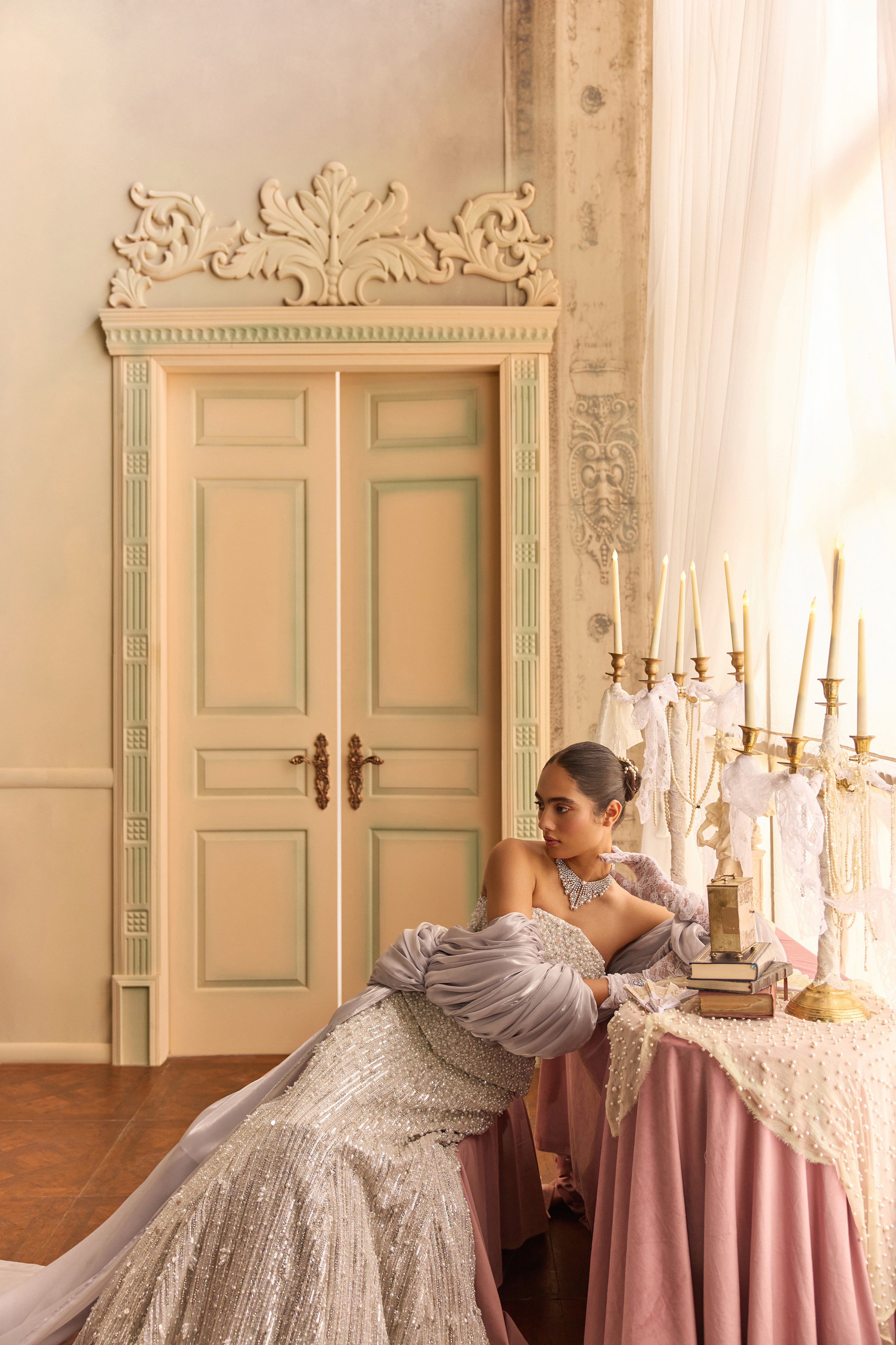 Lunelle- Ivory crystal mermaid lehenga