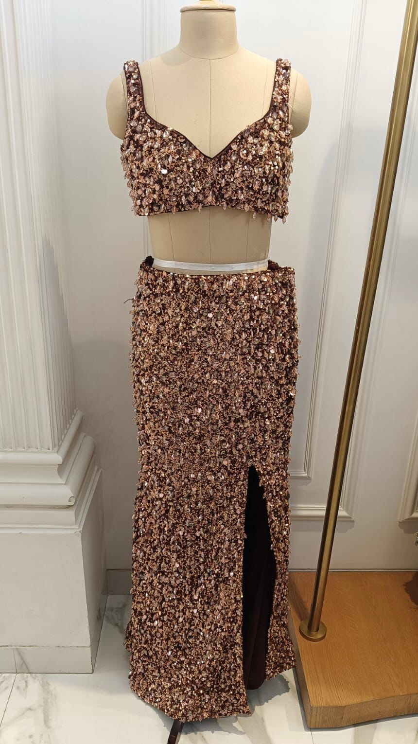 Copper sequin & stone gown set
