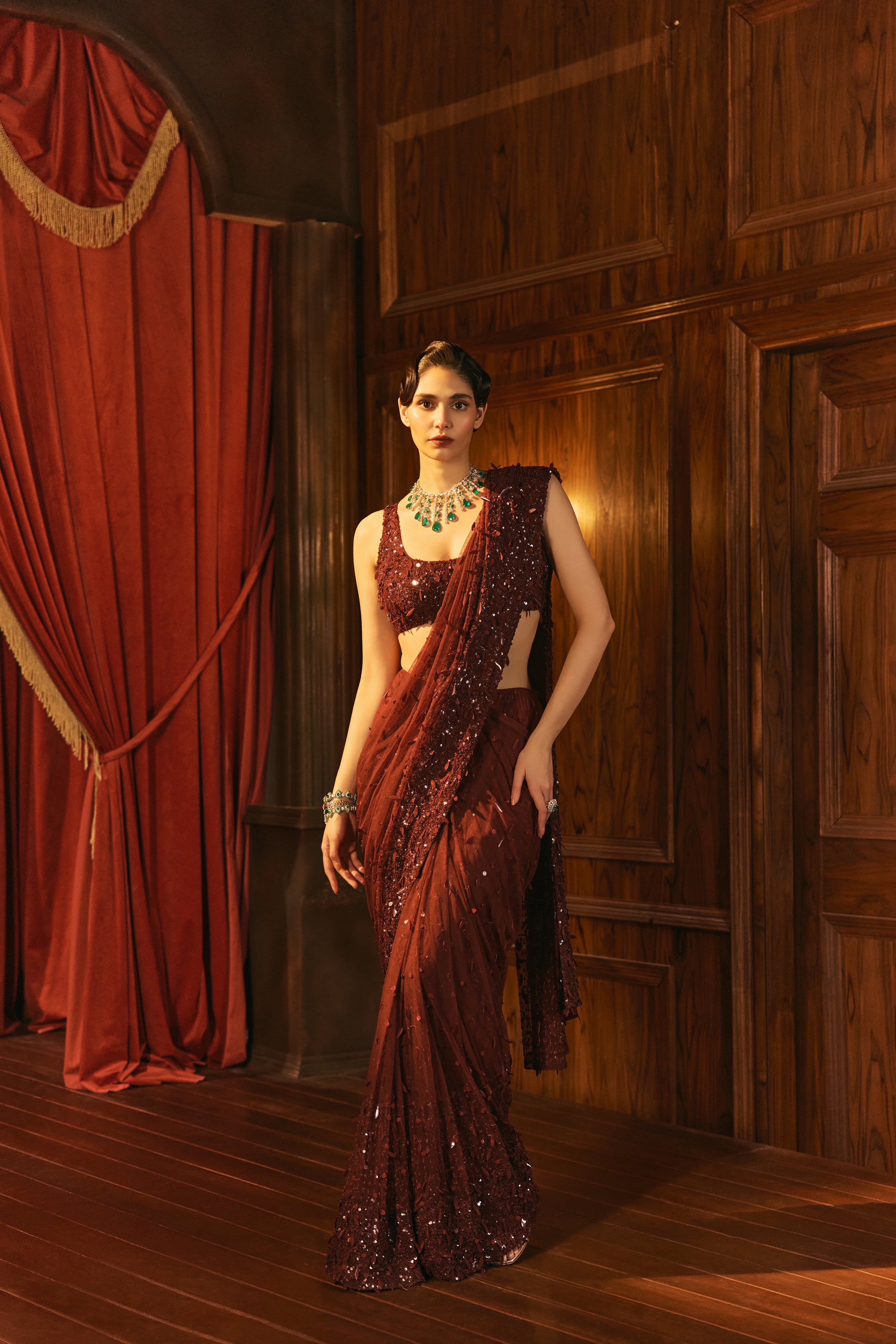 Burgundy glow- Sequin saree