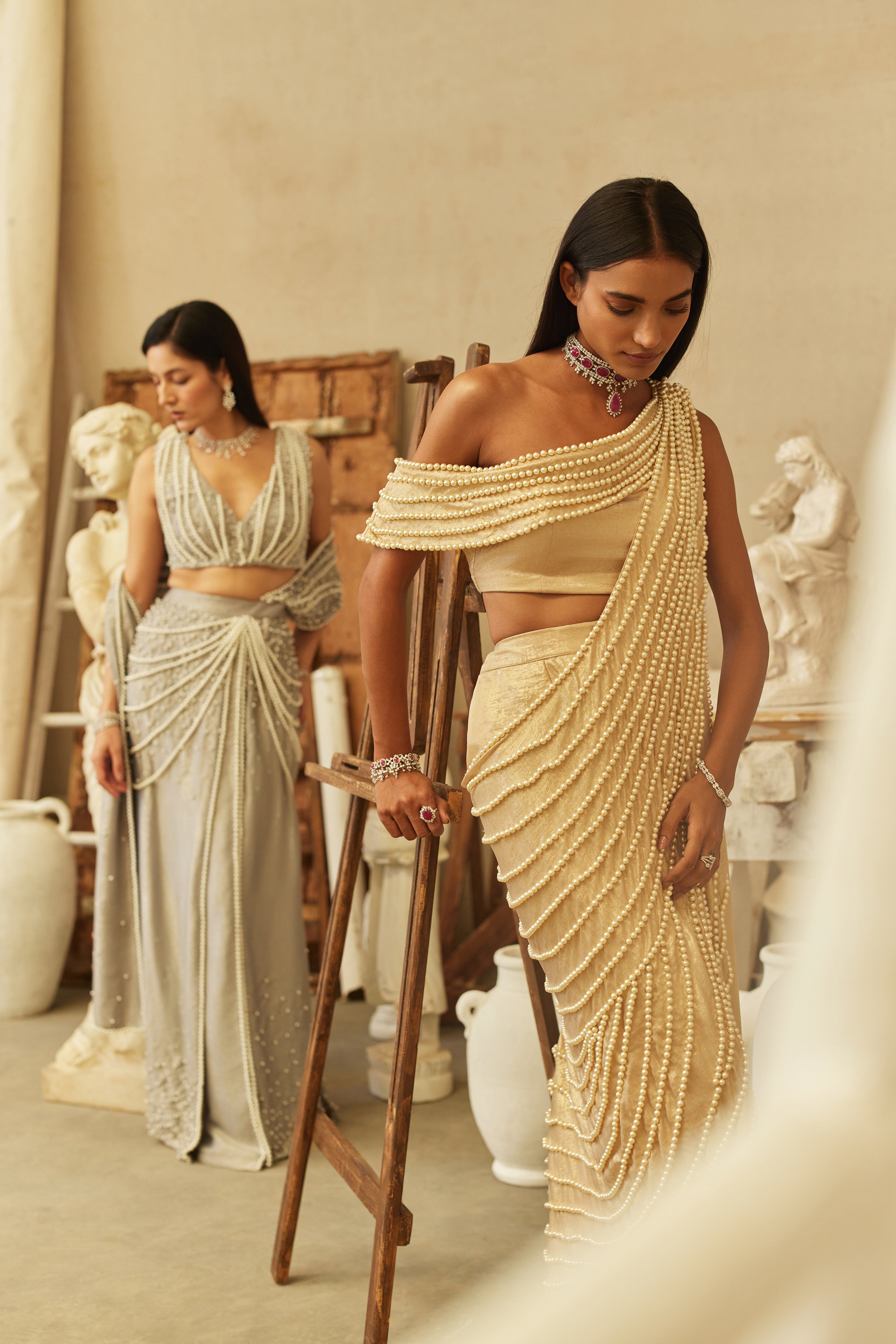 Sunlit pearl one shoulder saree