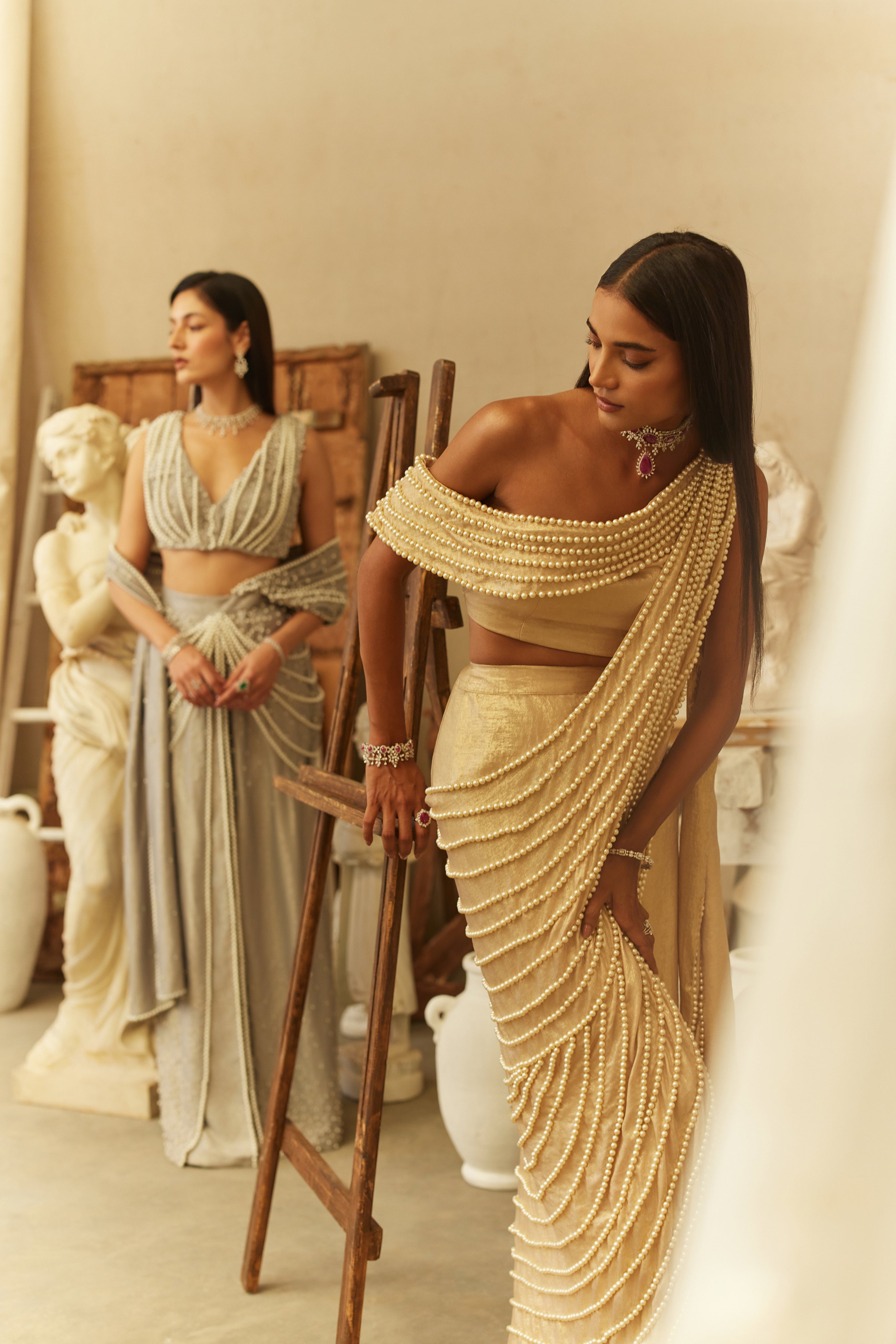 Sunlit pearl one shoulder saree