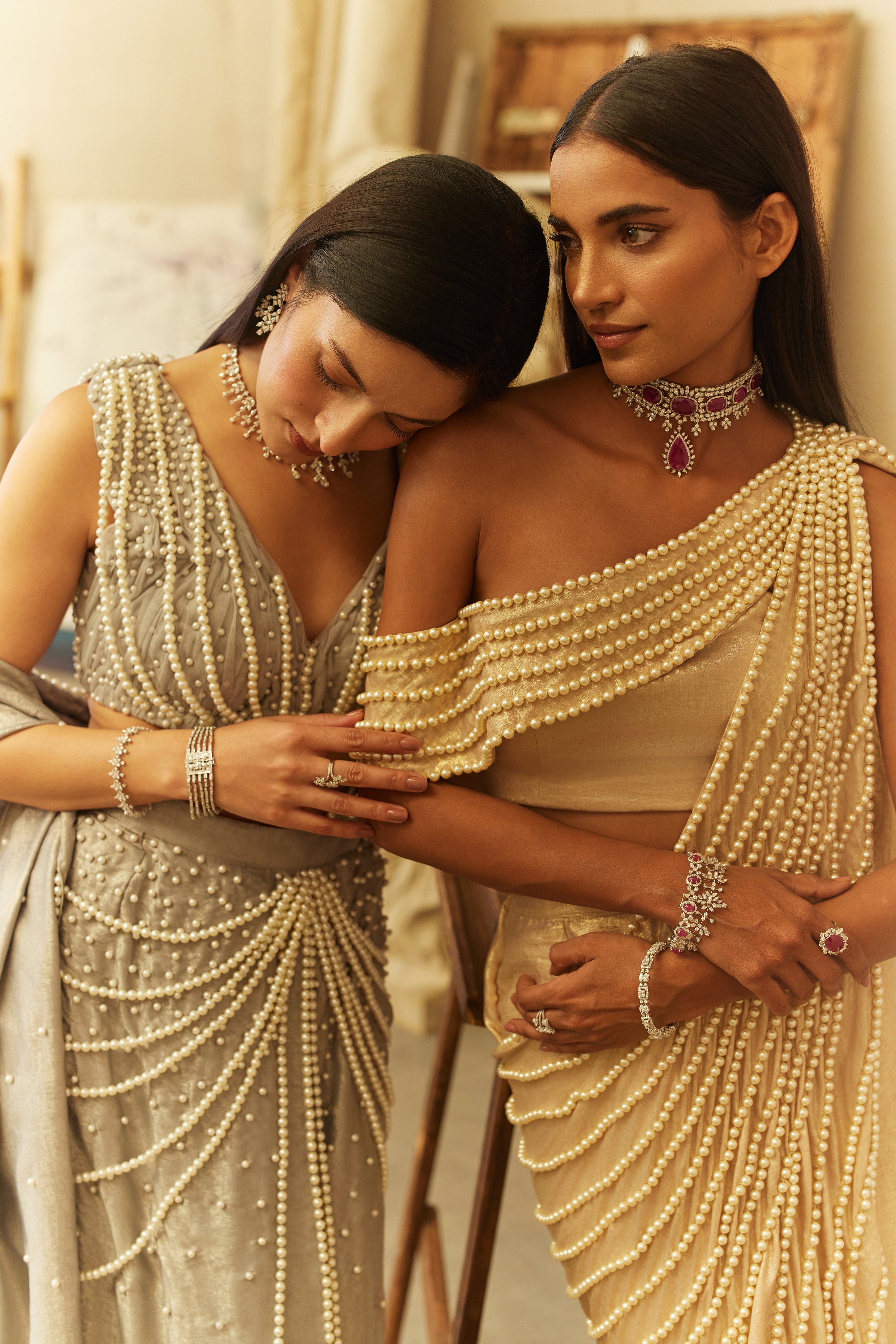 Sunlit pearl one shoulder saree