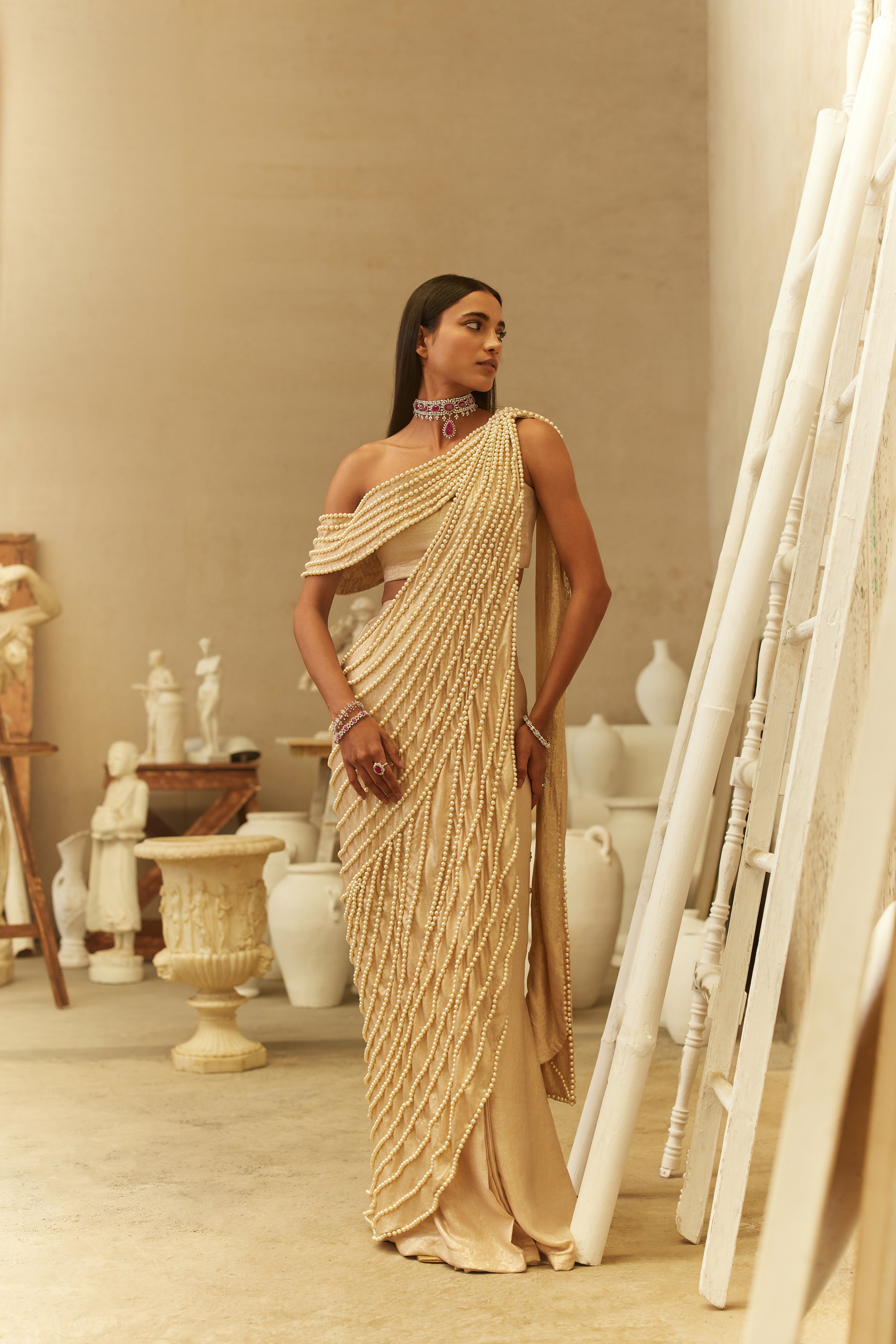Sunlit pearl one shoulder saree