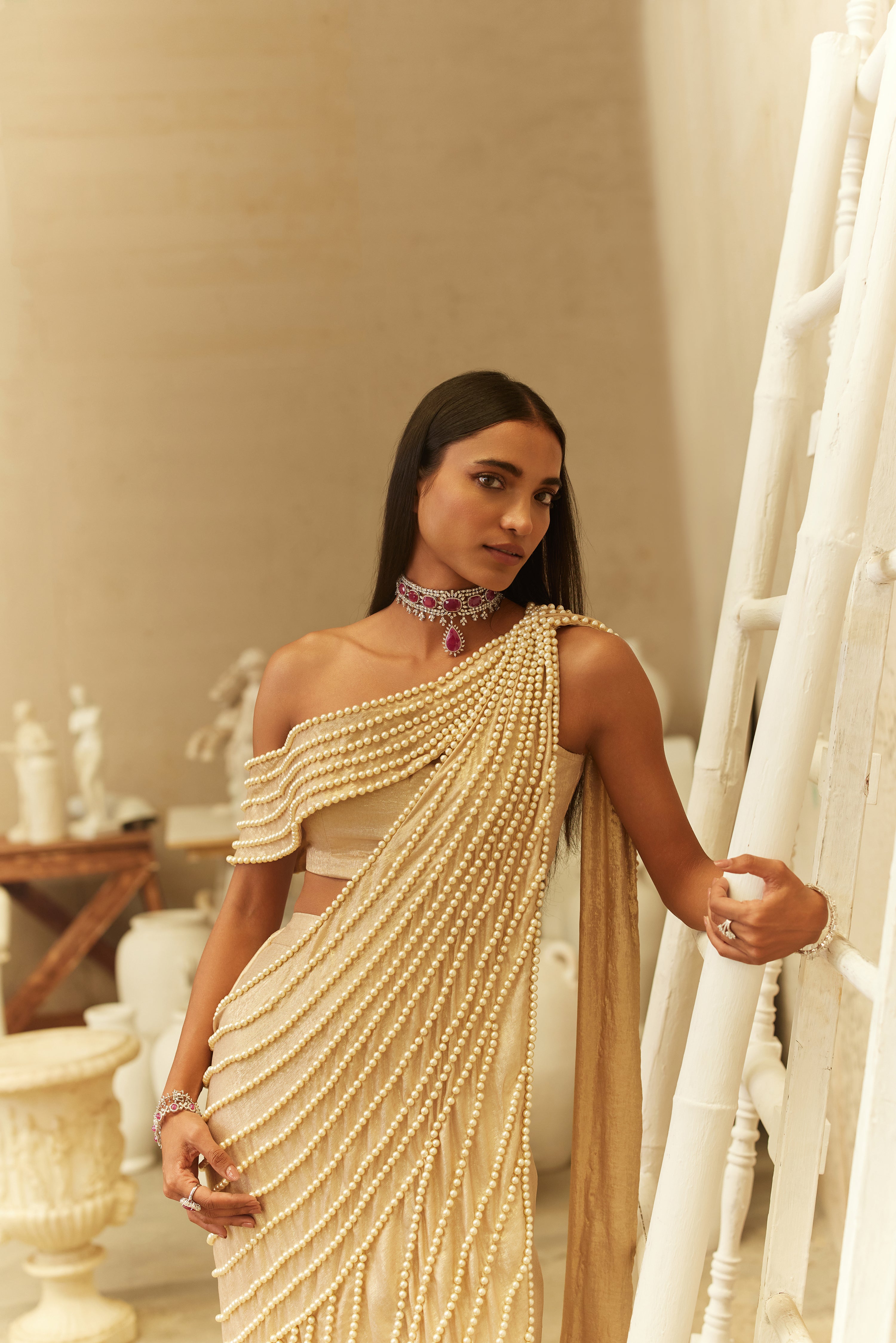 Sunlit pearl one shoulder saree