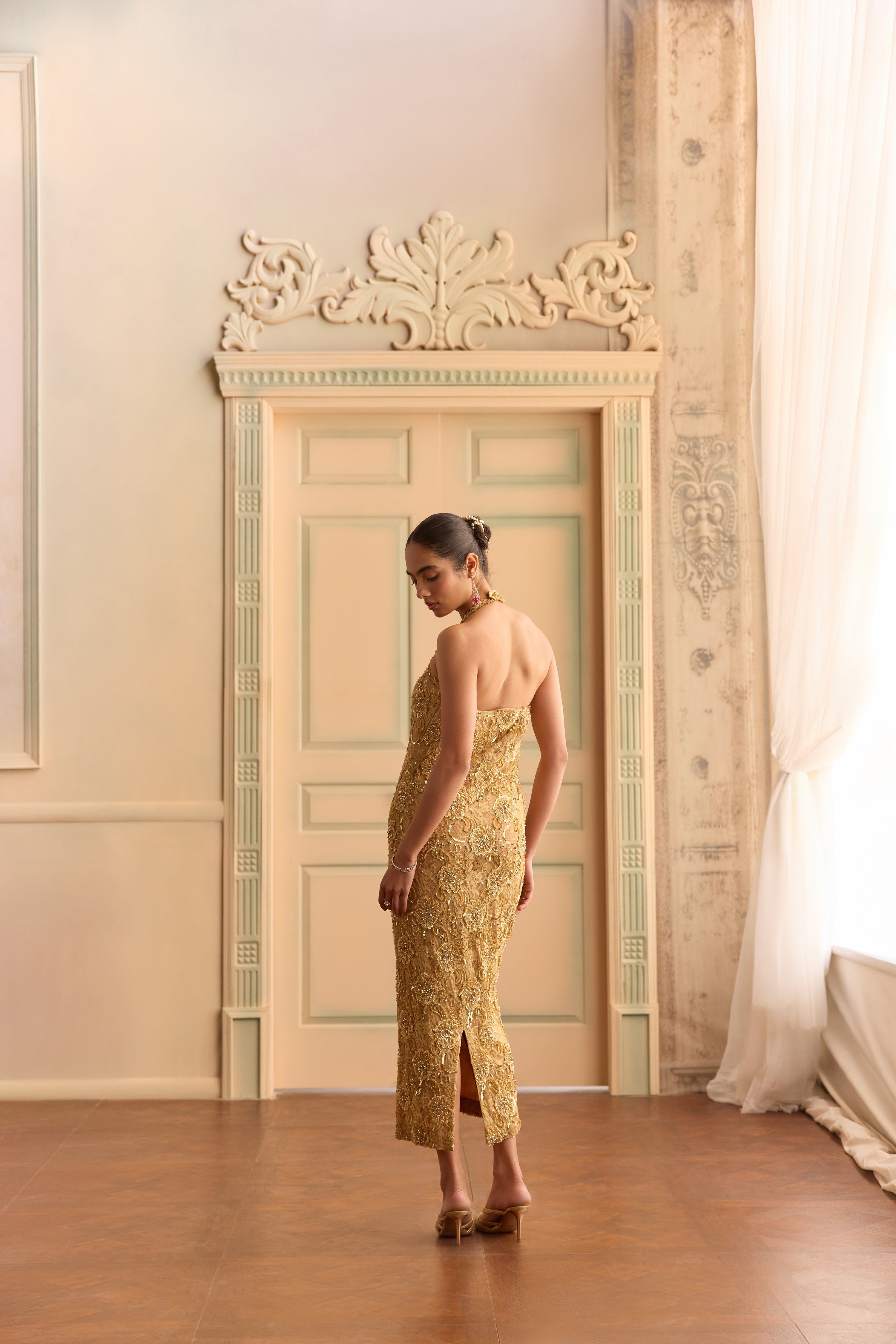 Golden dusk- Lace pencil dress