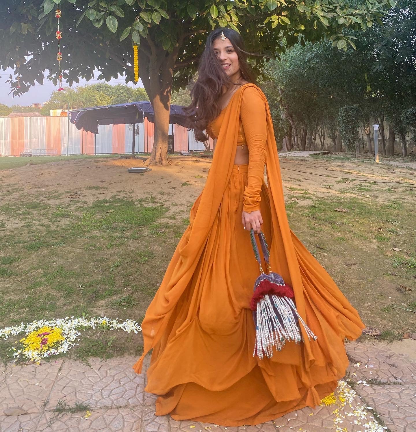 Fresh Orange Flowy Lehenga