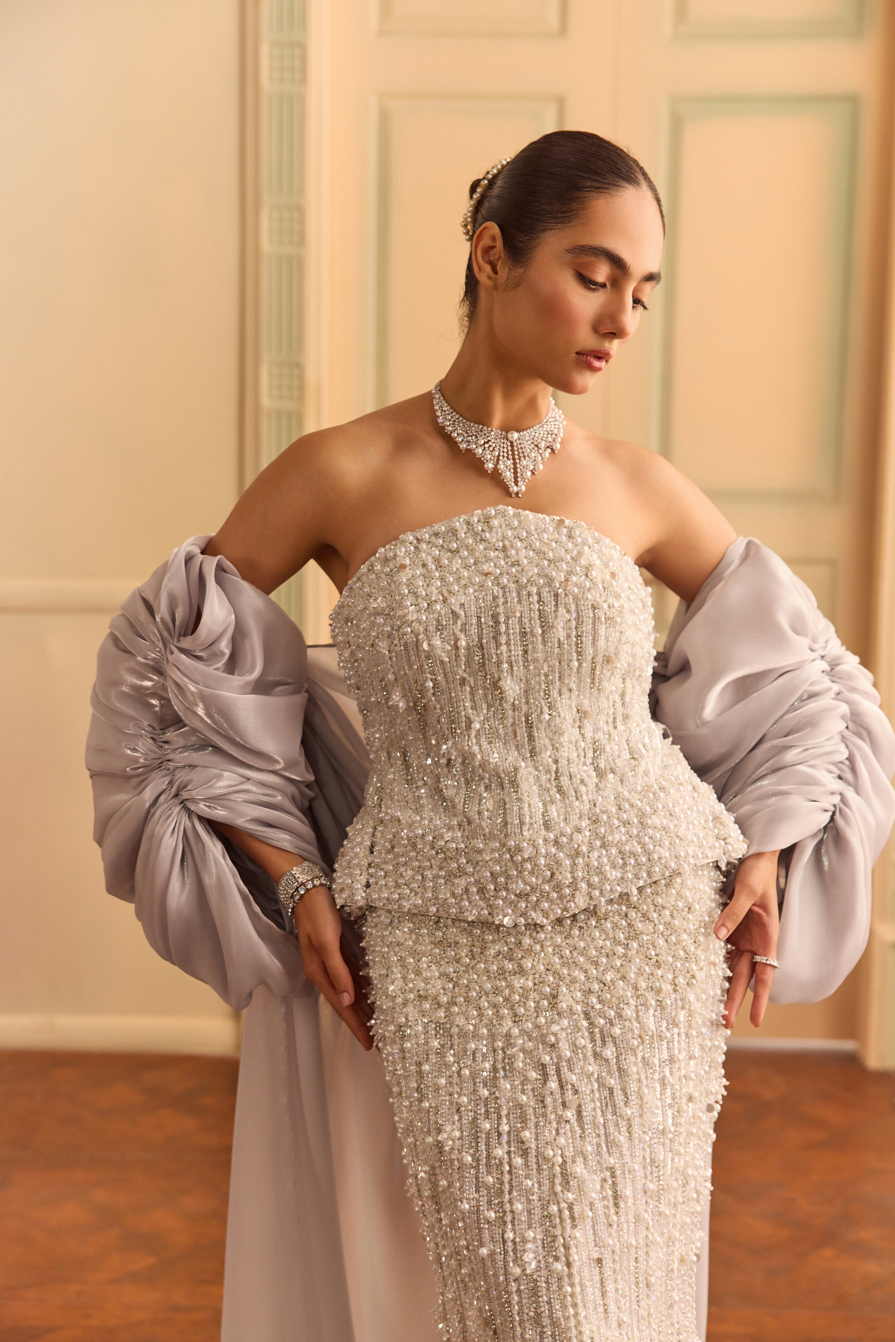 Lunelle- Ivory crystal mermaid lehenga