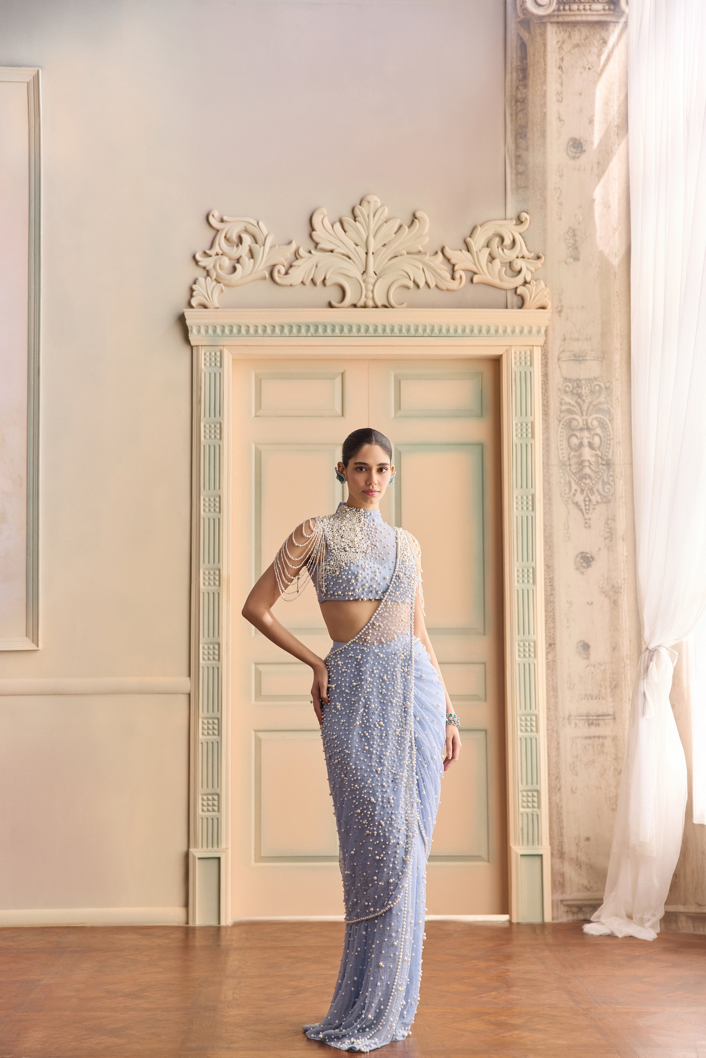 Skymist- Pearl halter saree