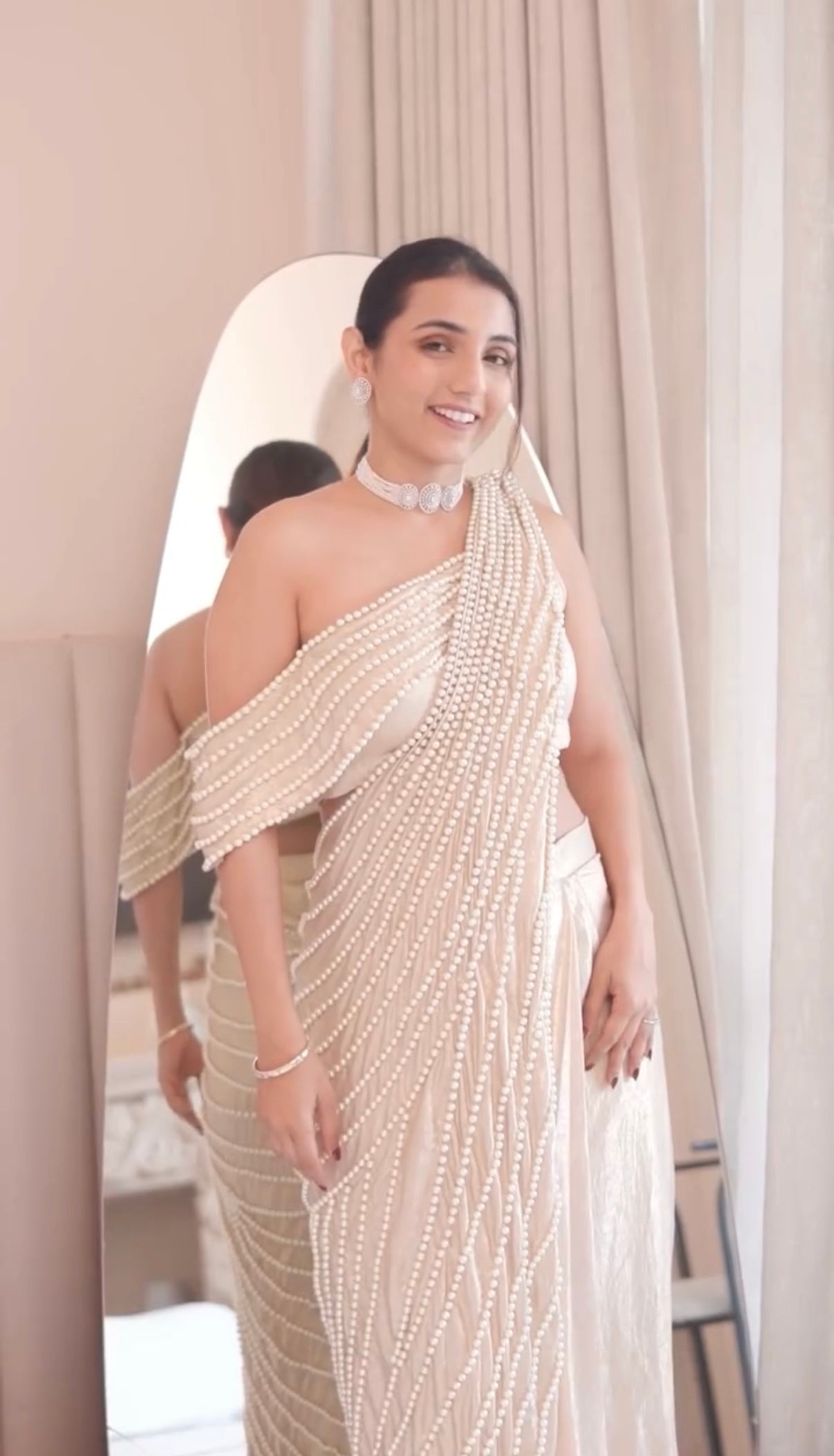 Masoom Minawala in sunlit pearl saree