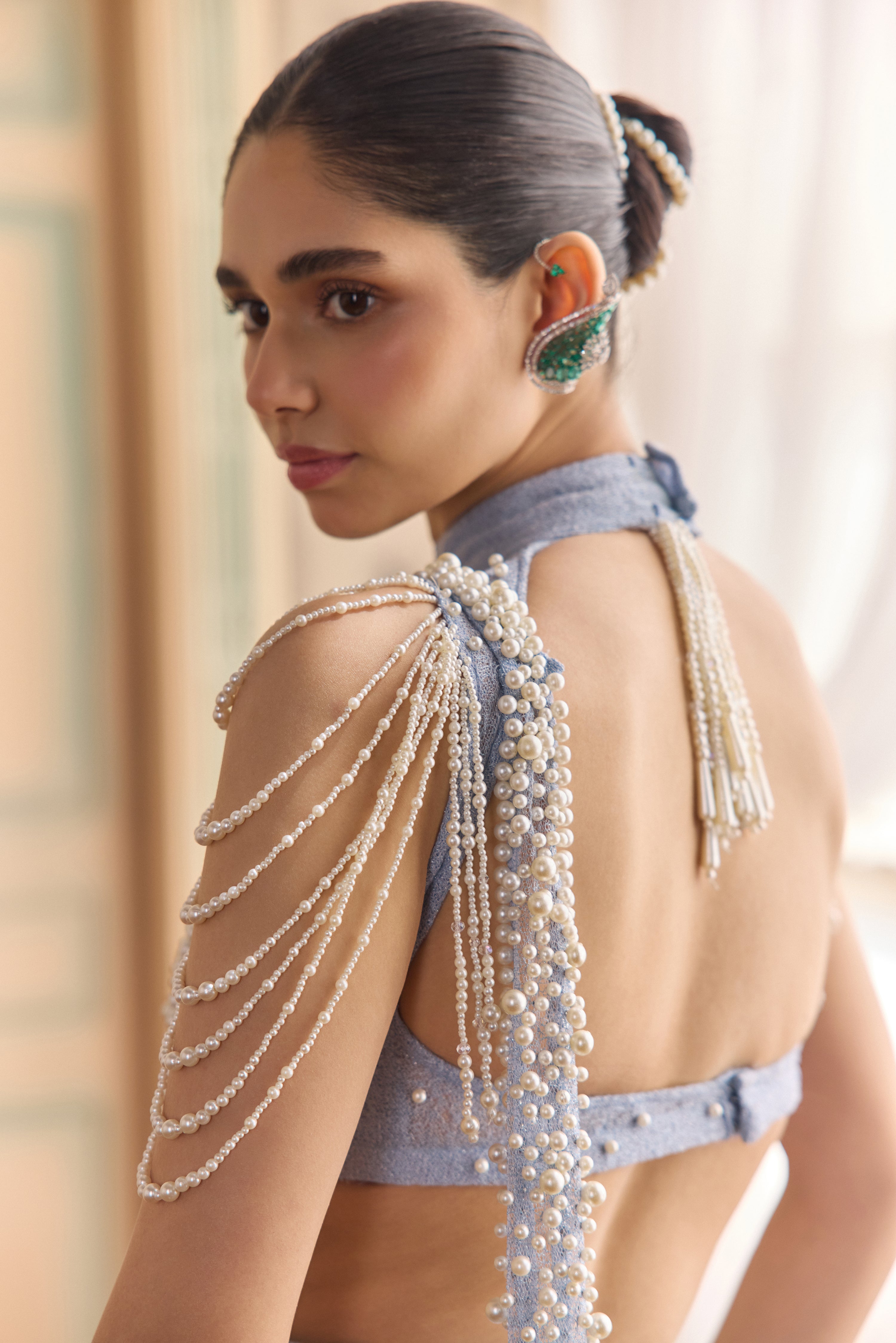 Skymist- Pearl halter saree