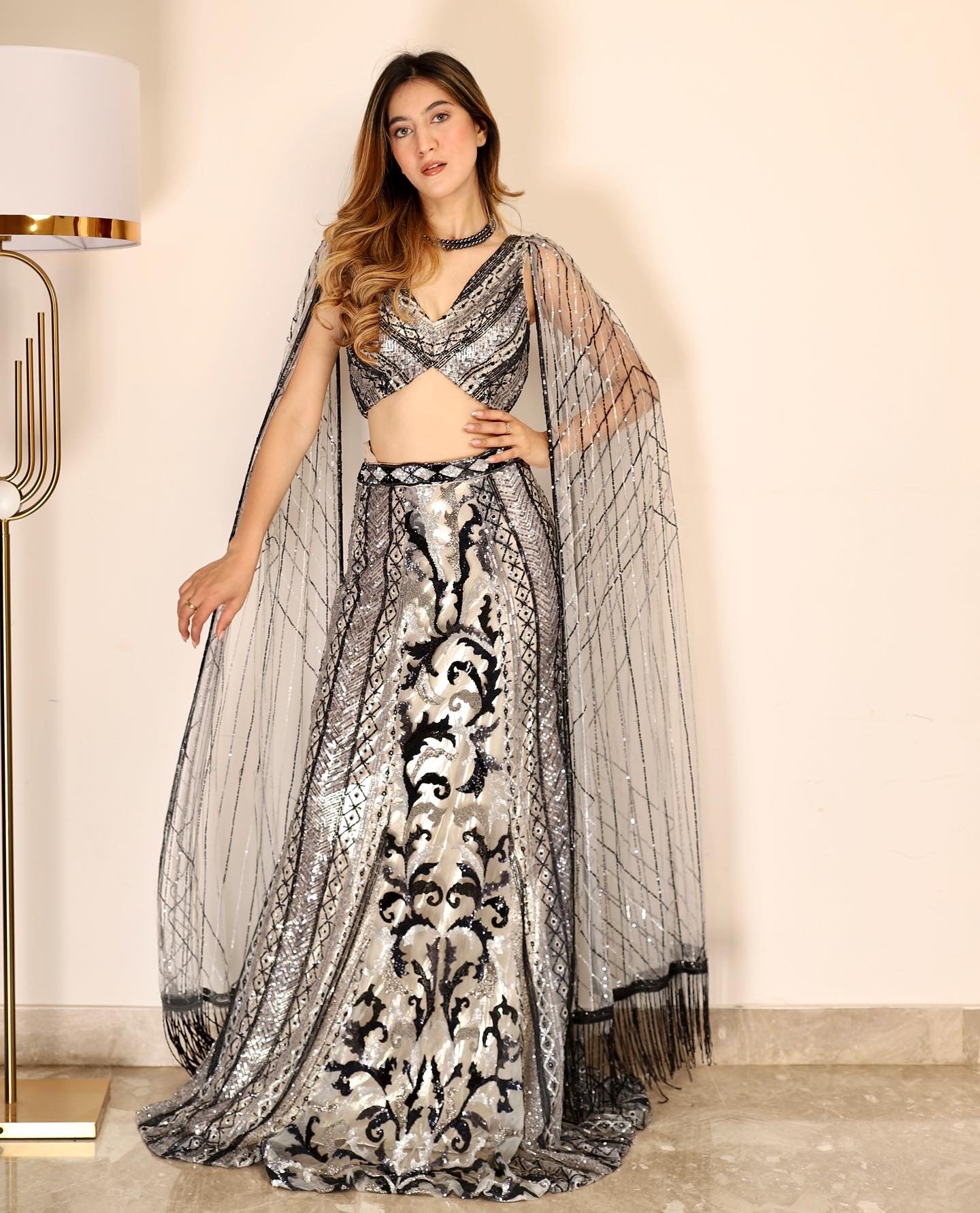 Silver & Midnight Blue Cocktail Lehenga