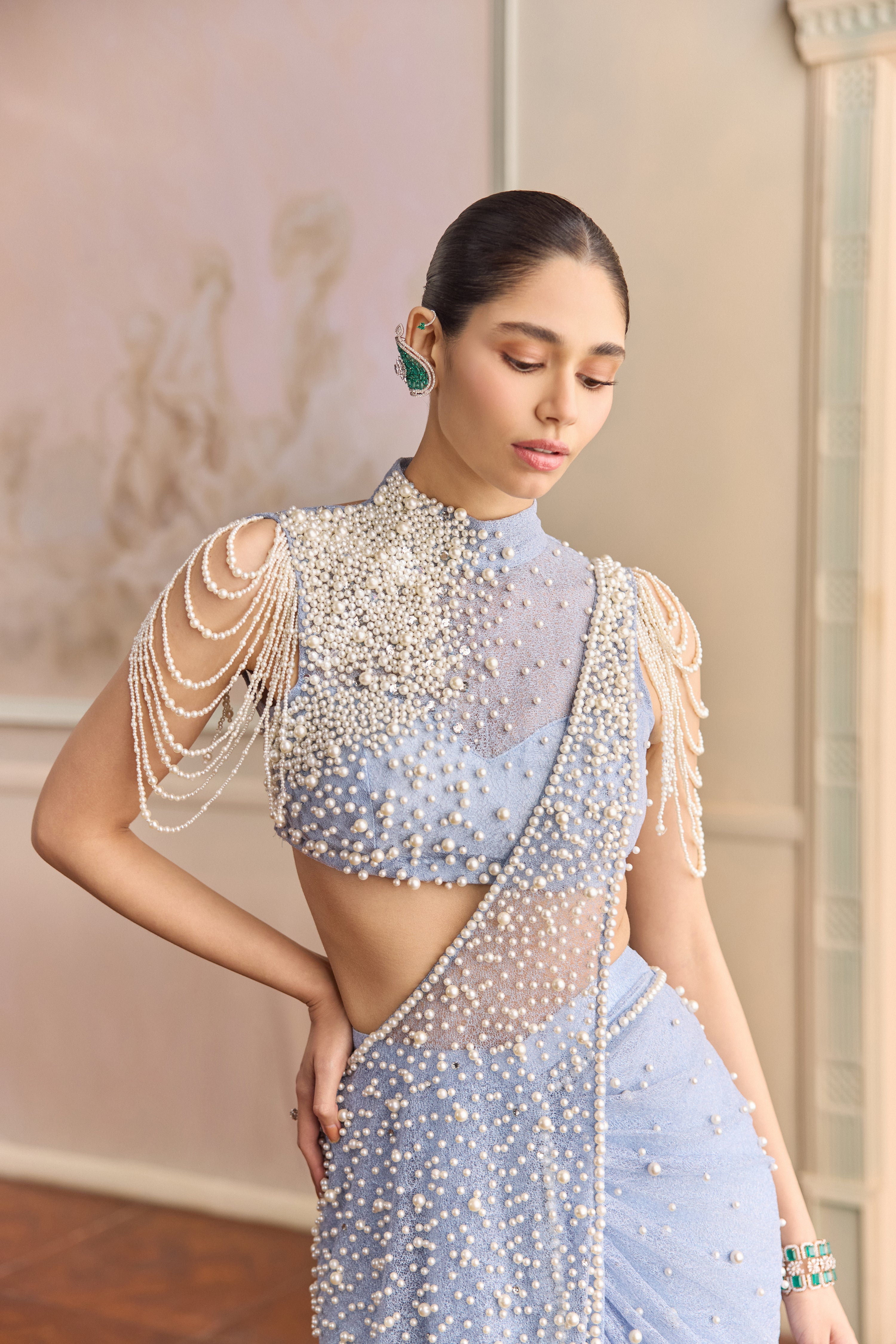 Skymist- Pearl halter saree