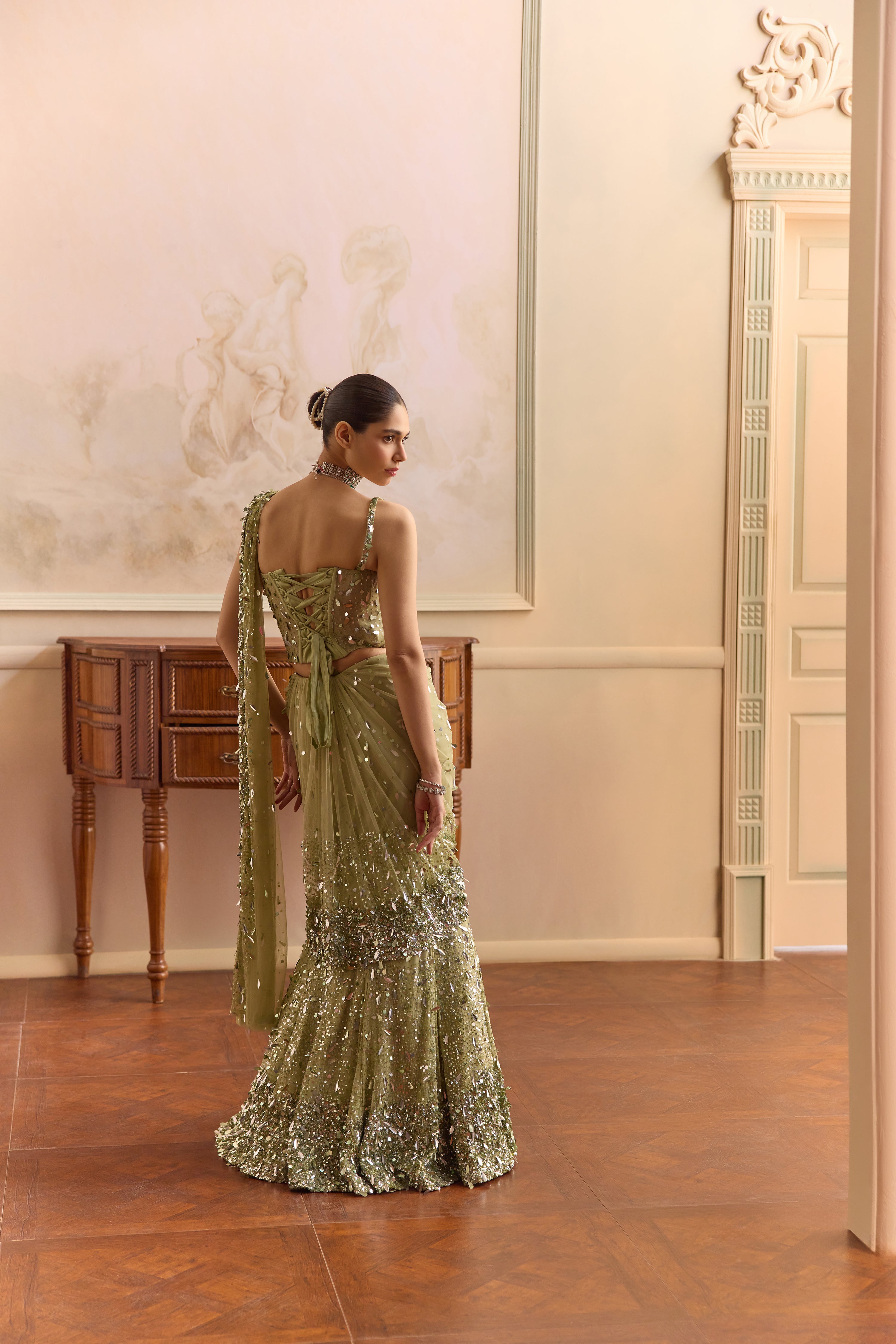 Lora mist- light green lehenga saree