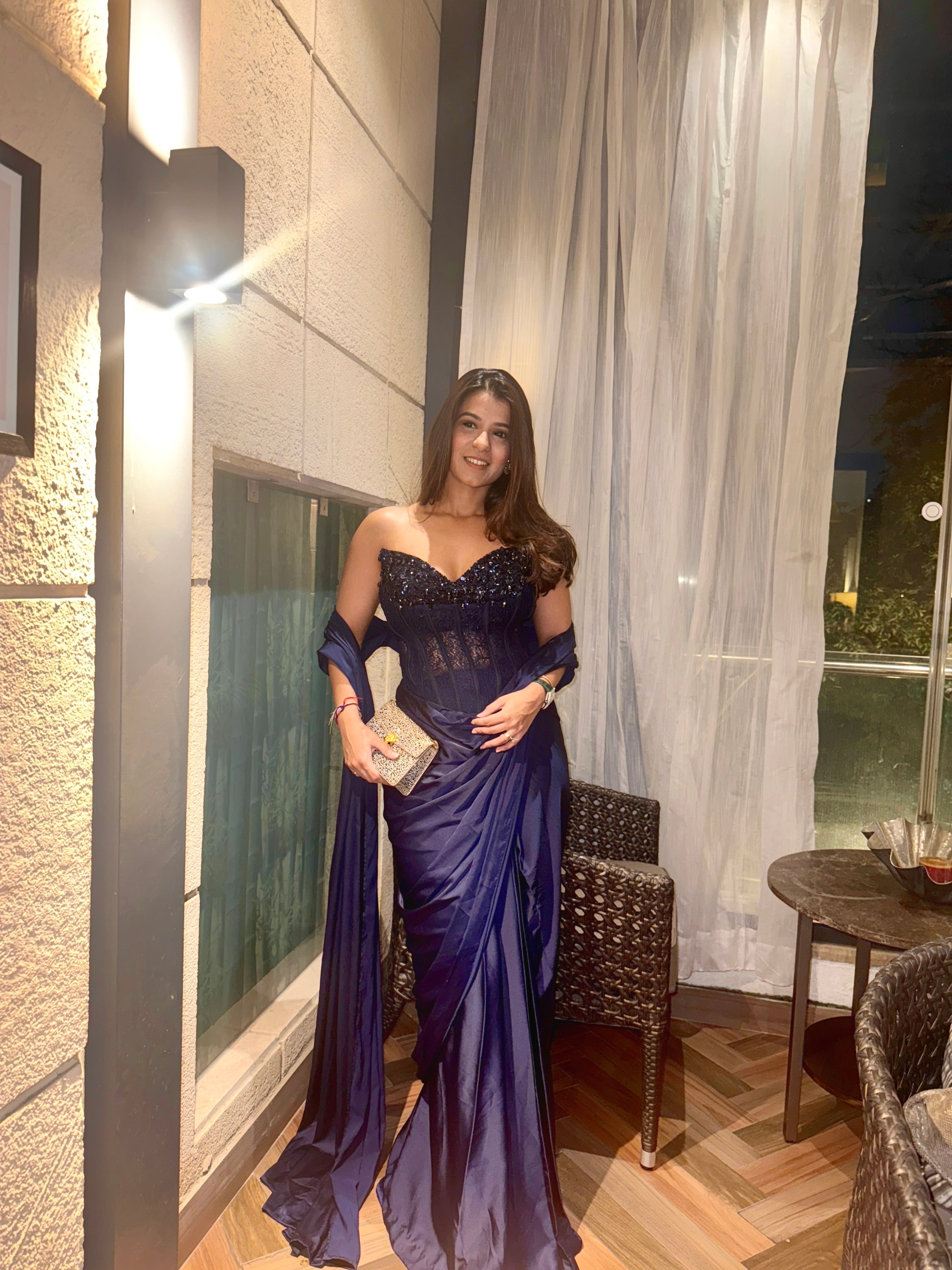 BLUE SEQUIN & LACE CORSET SAREE