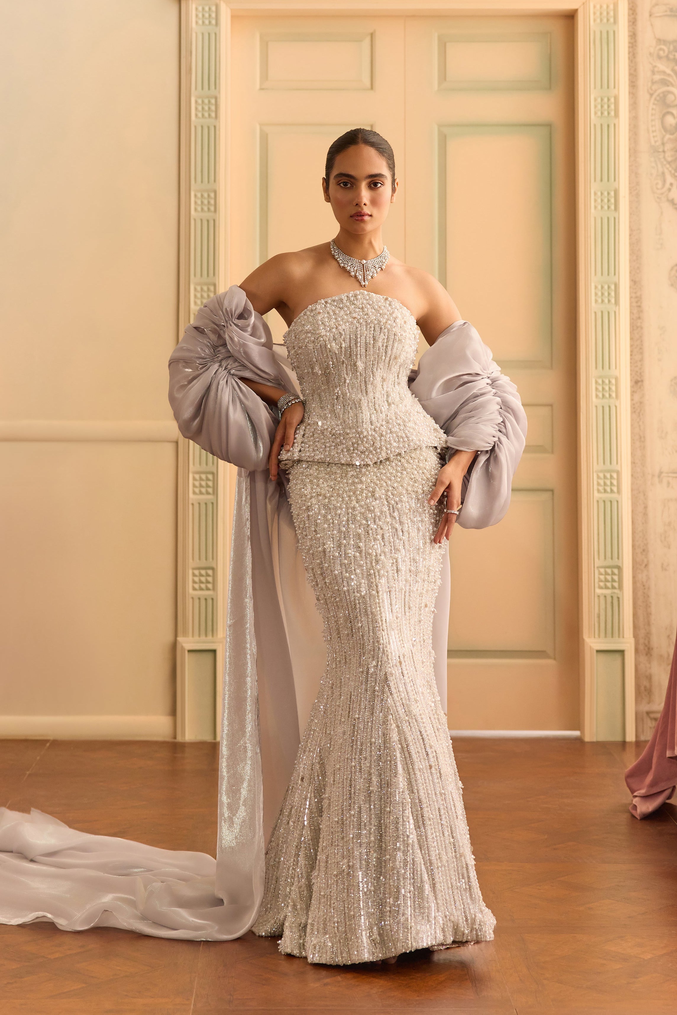 Lunelle- Ivory crystal mermaid lehenga