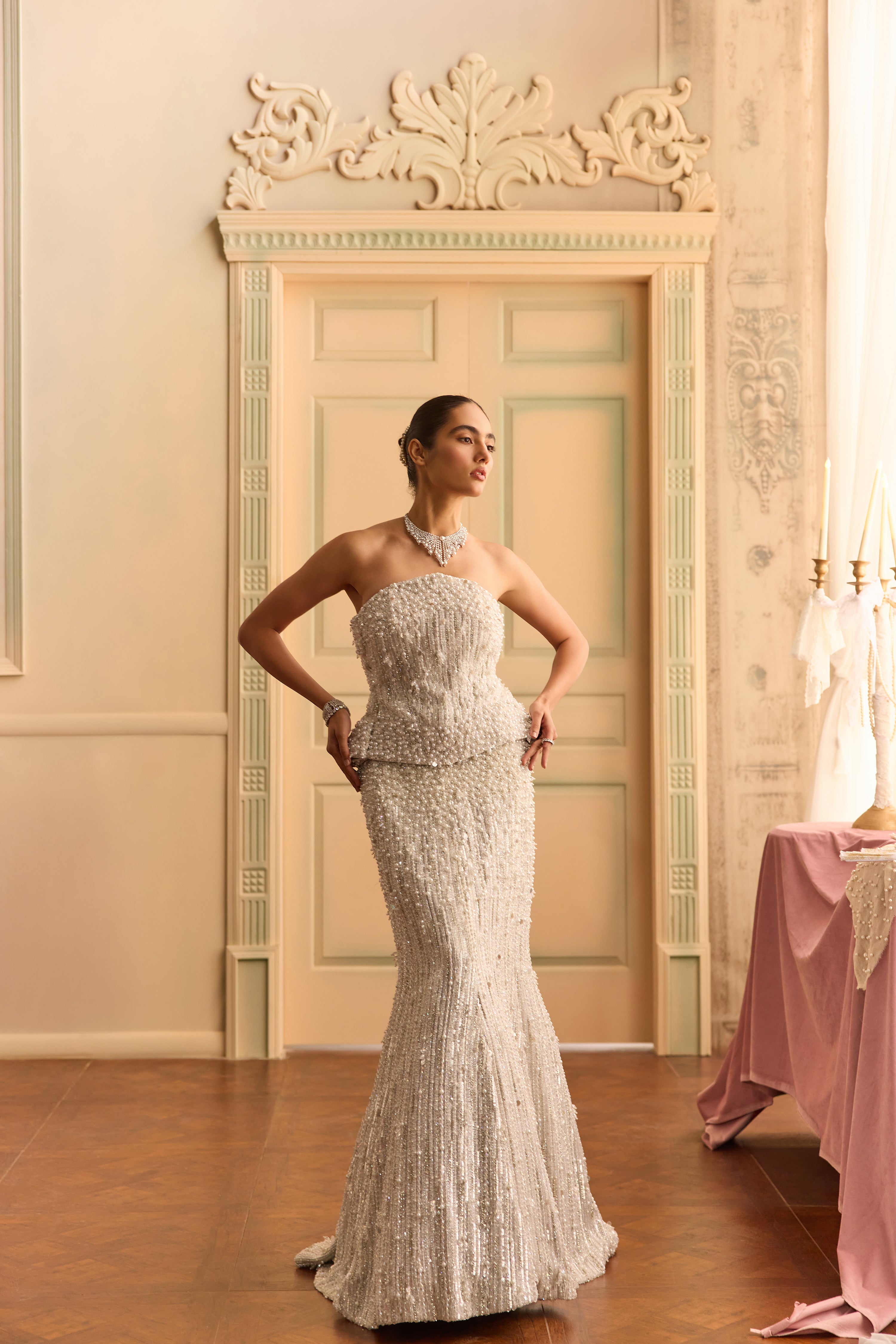 Lunelle- Ivory crystal mermaid lehenga