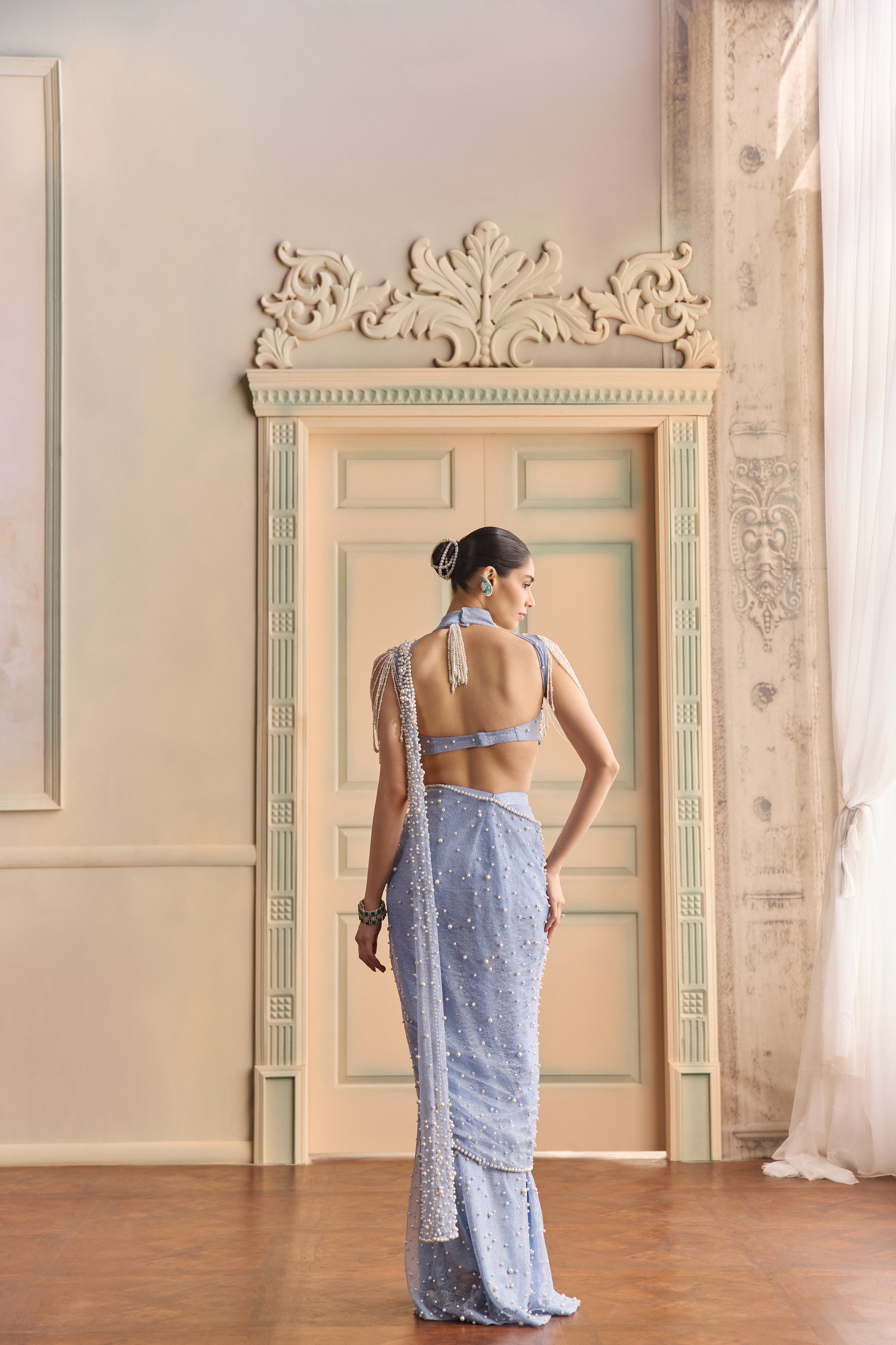 Skymist- Pearl halter saree