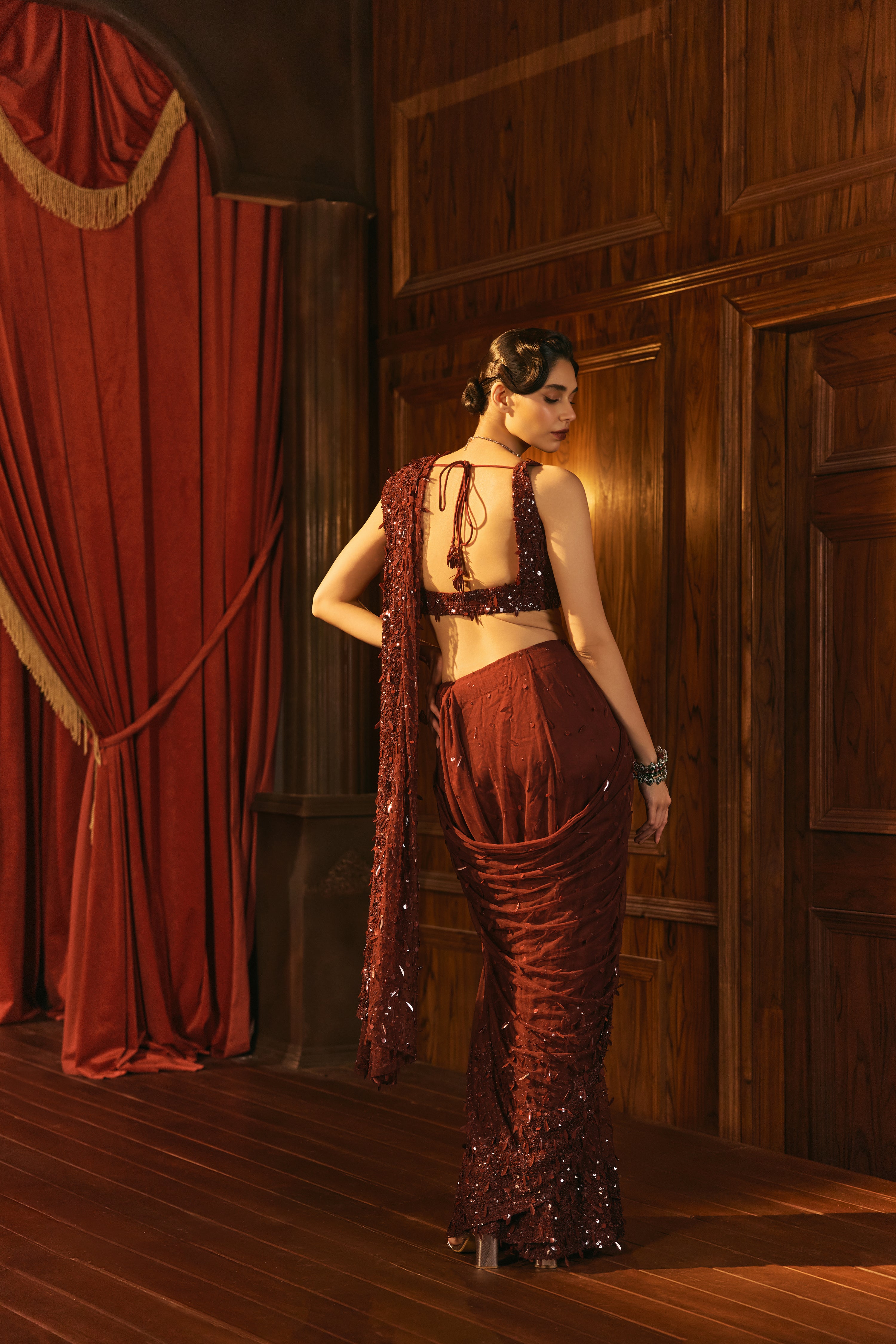 Burgundy glow- Sequin saree