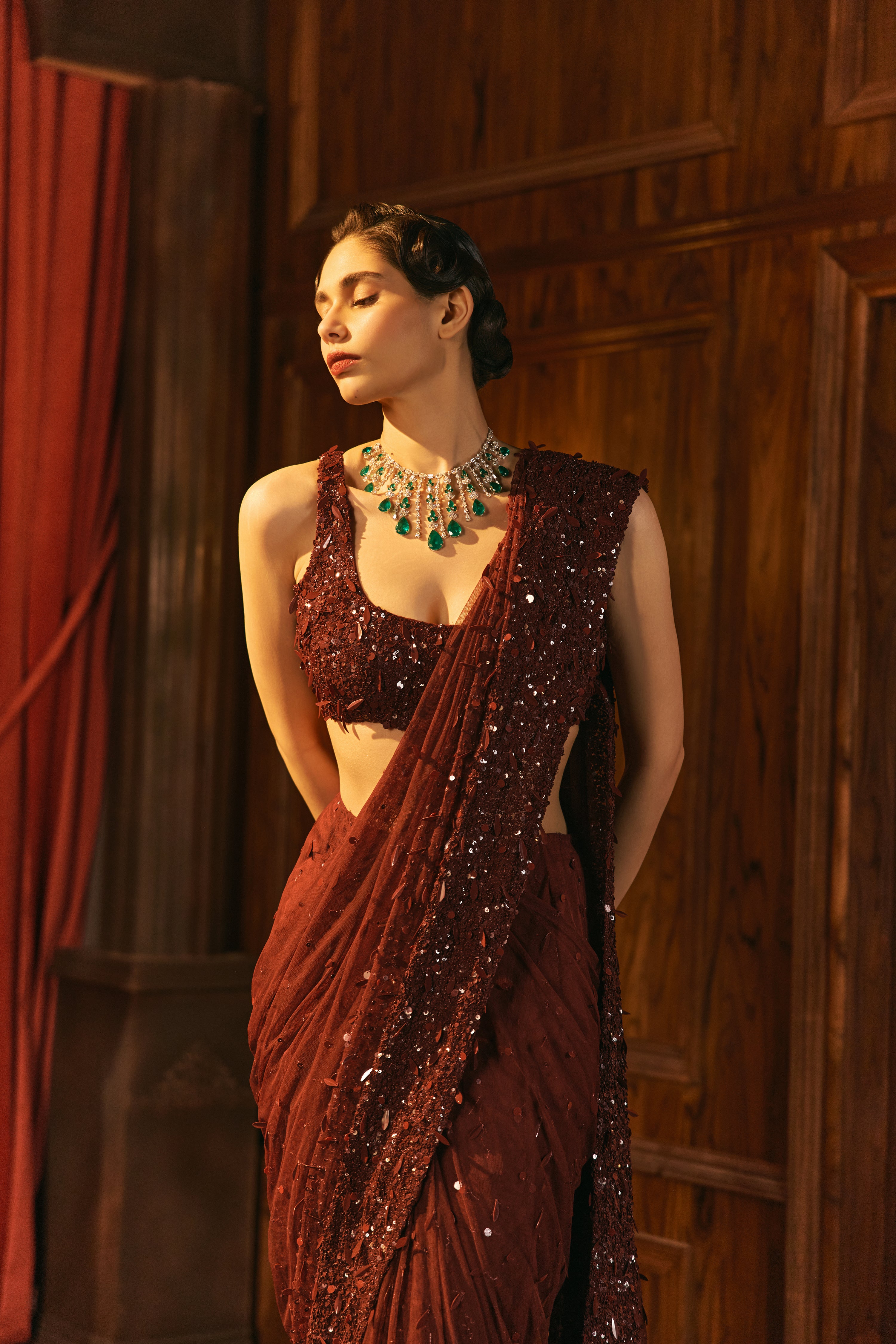 Burgundy glow- Sequin saree