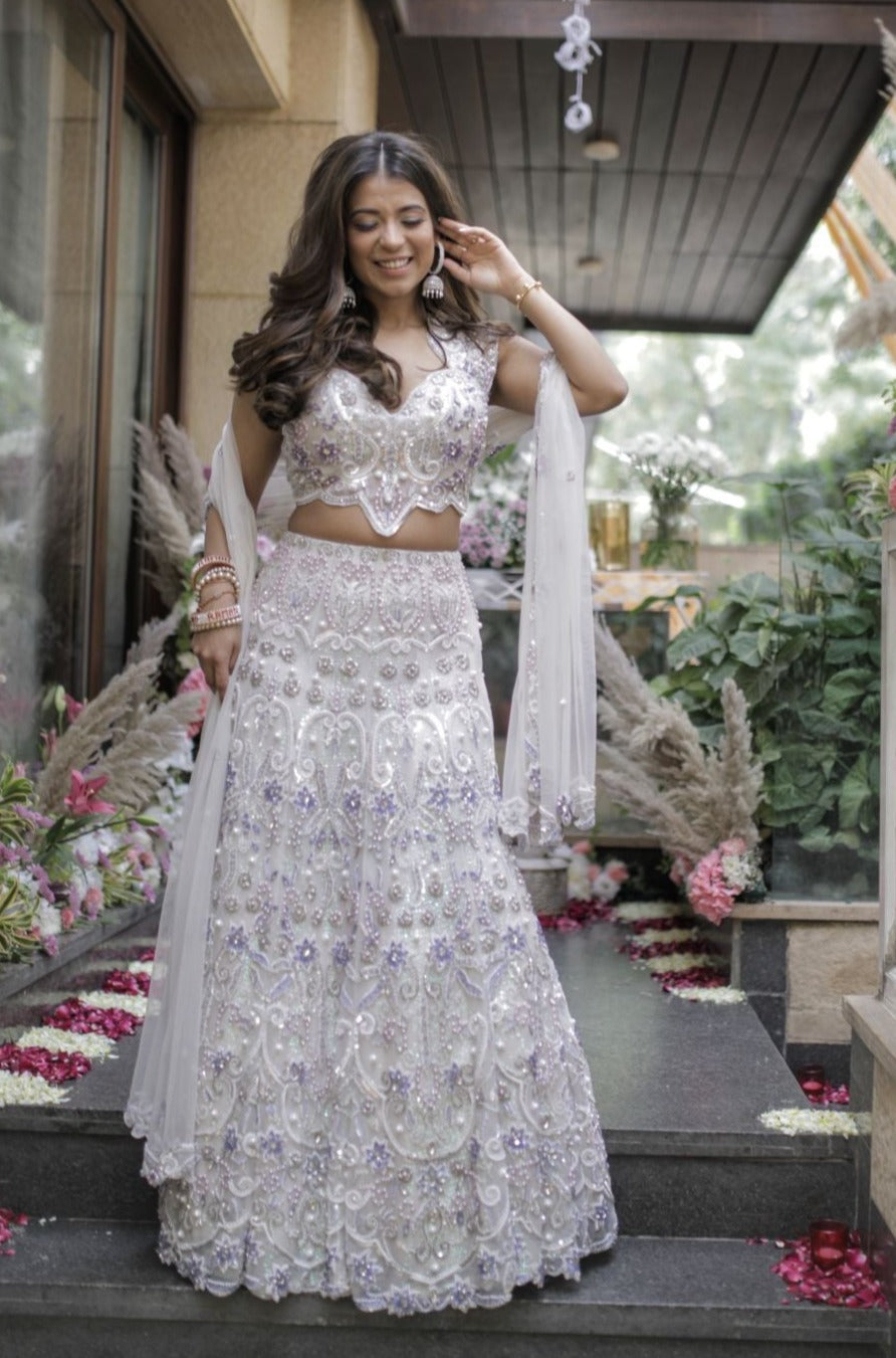 Mera White & Lavender Embroidered Lehenga