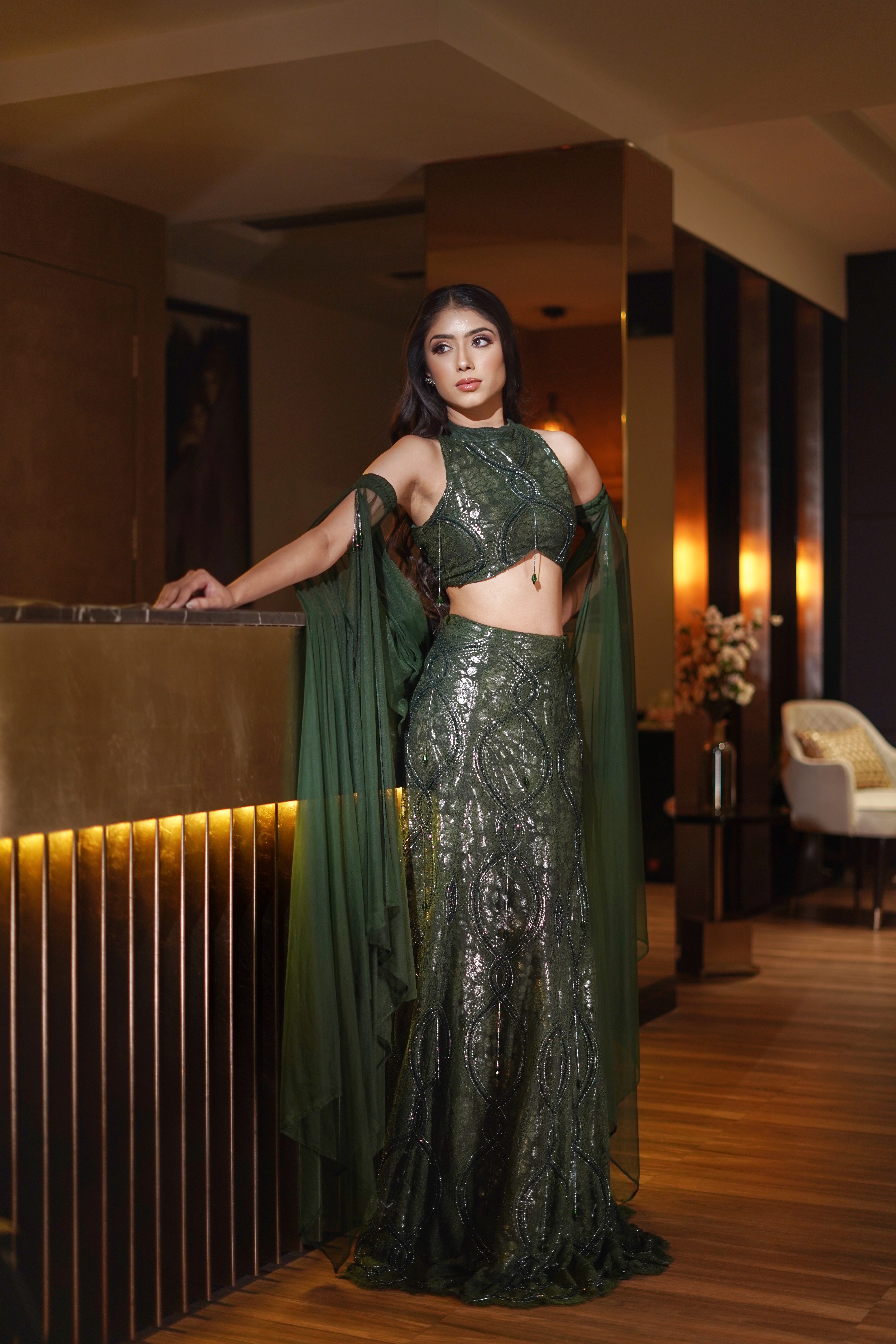 Green Lace & Crystal Lehenga