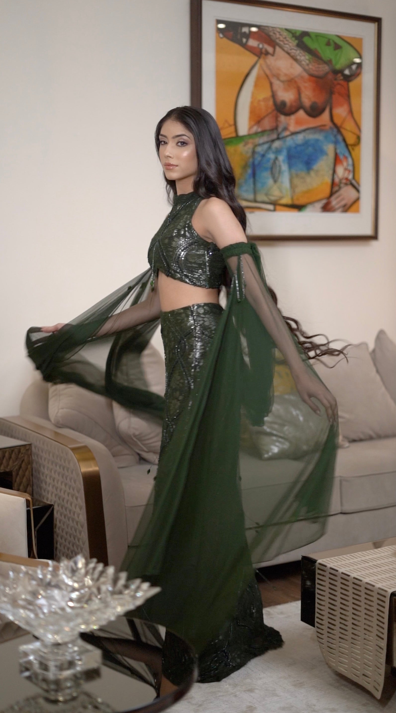 Green Lace & Crystal Lehenga