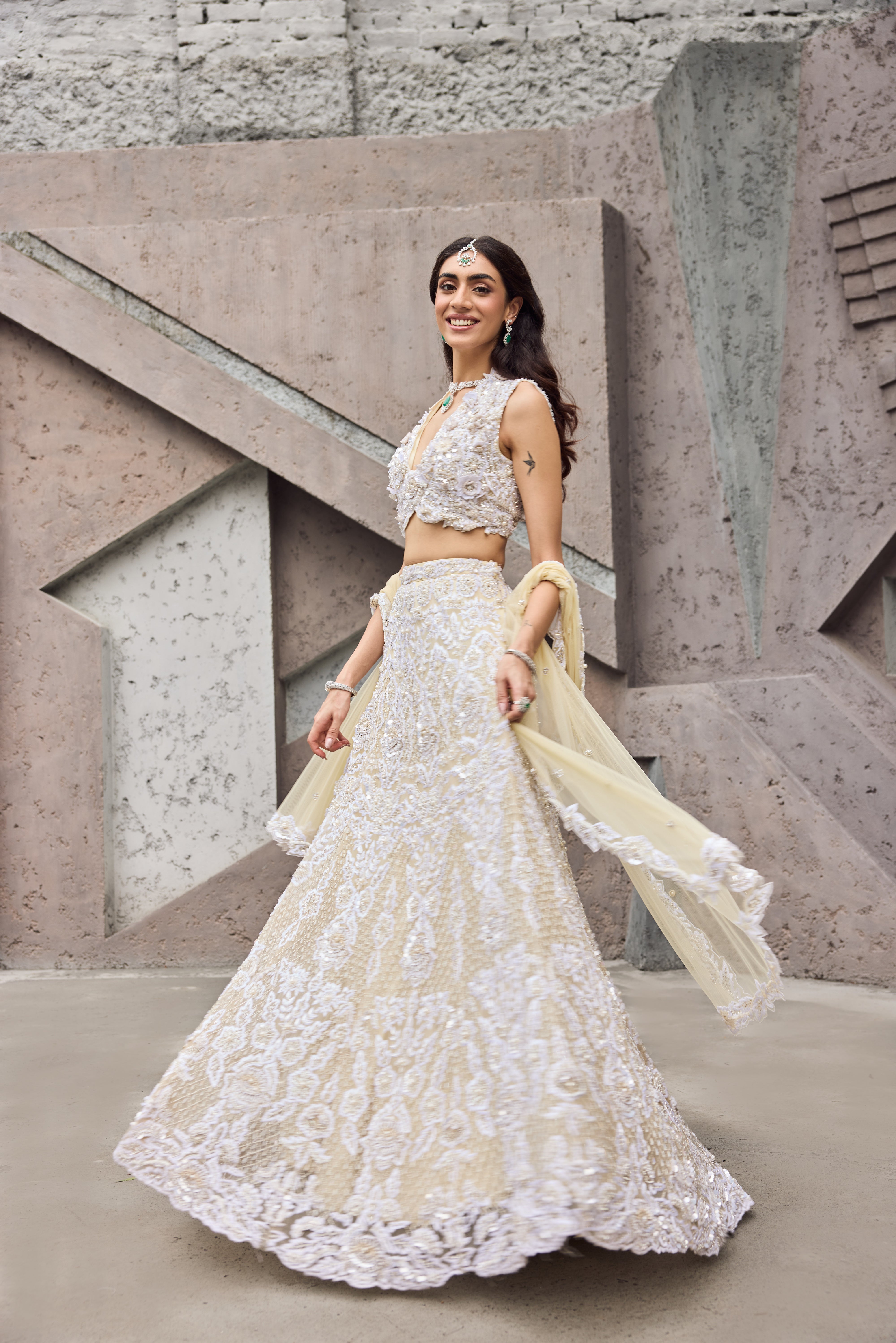 Opal - An Ivory shimmer sangeet lehenga