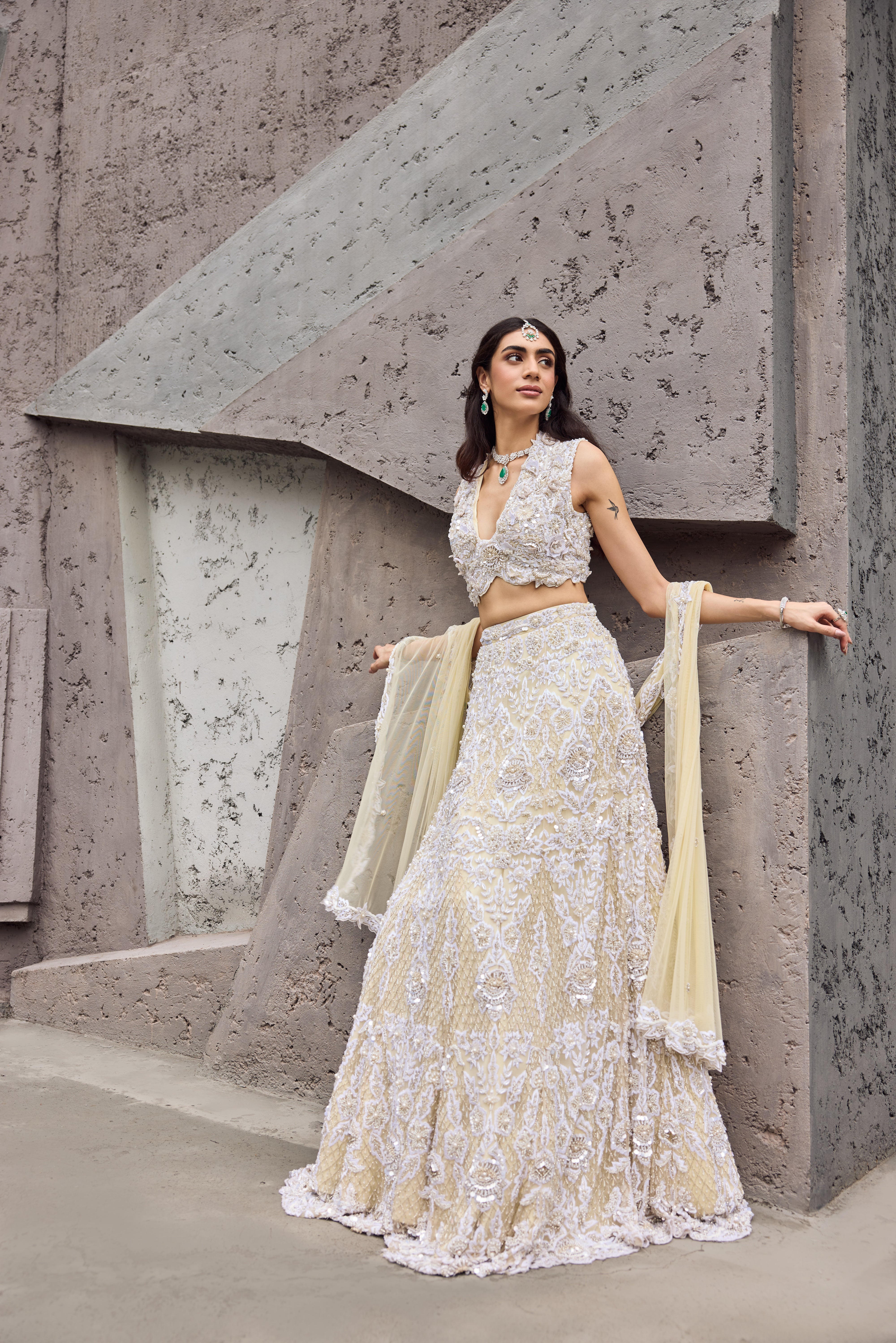 Opal - An Ivory shimmer sangeet lehenga