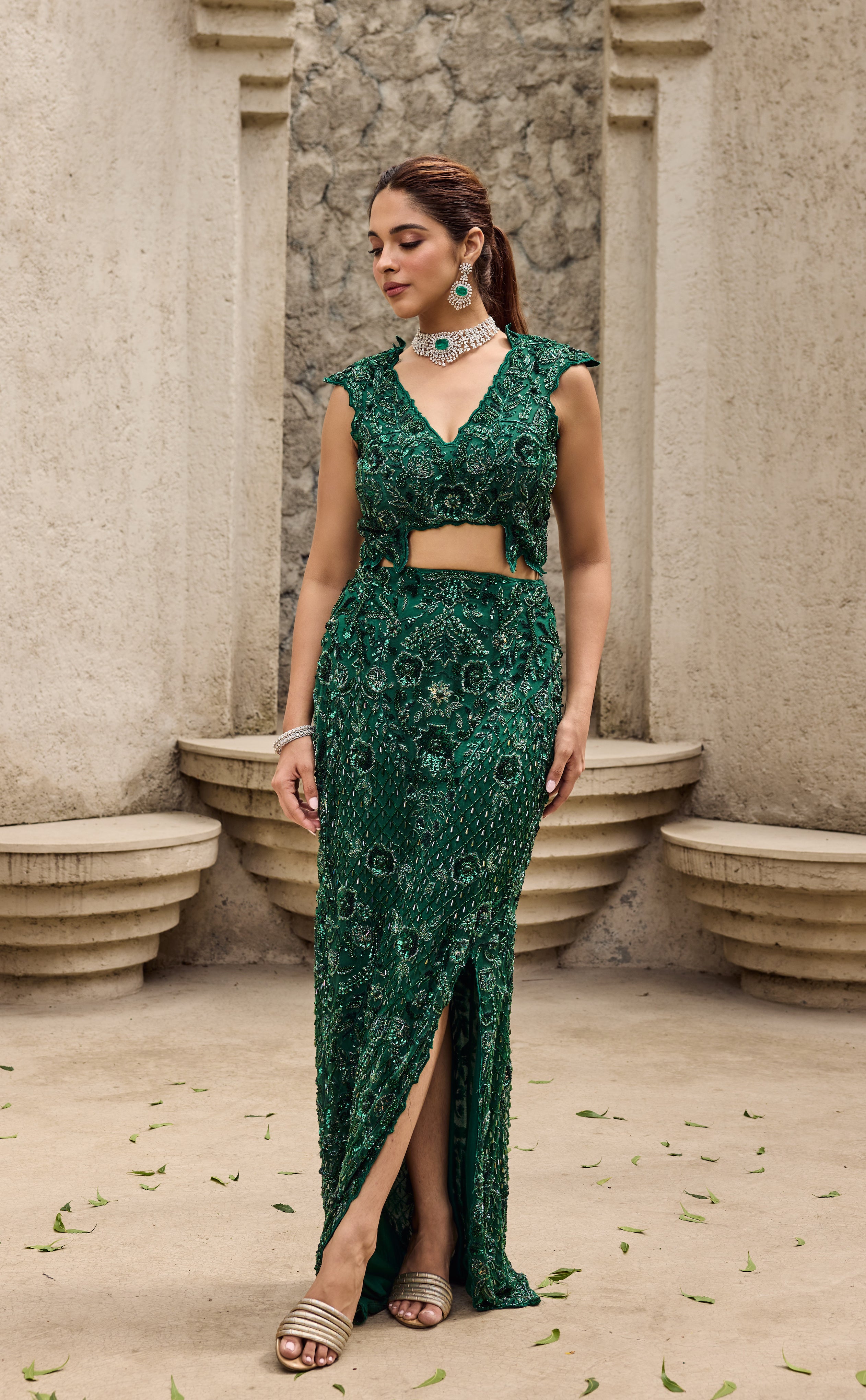 Deep shimmering green cut work gown