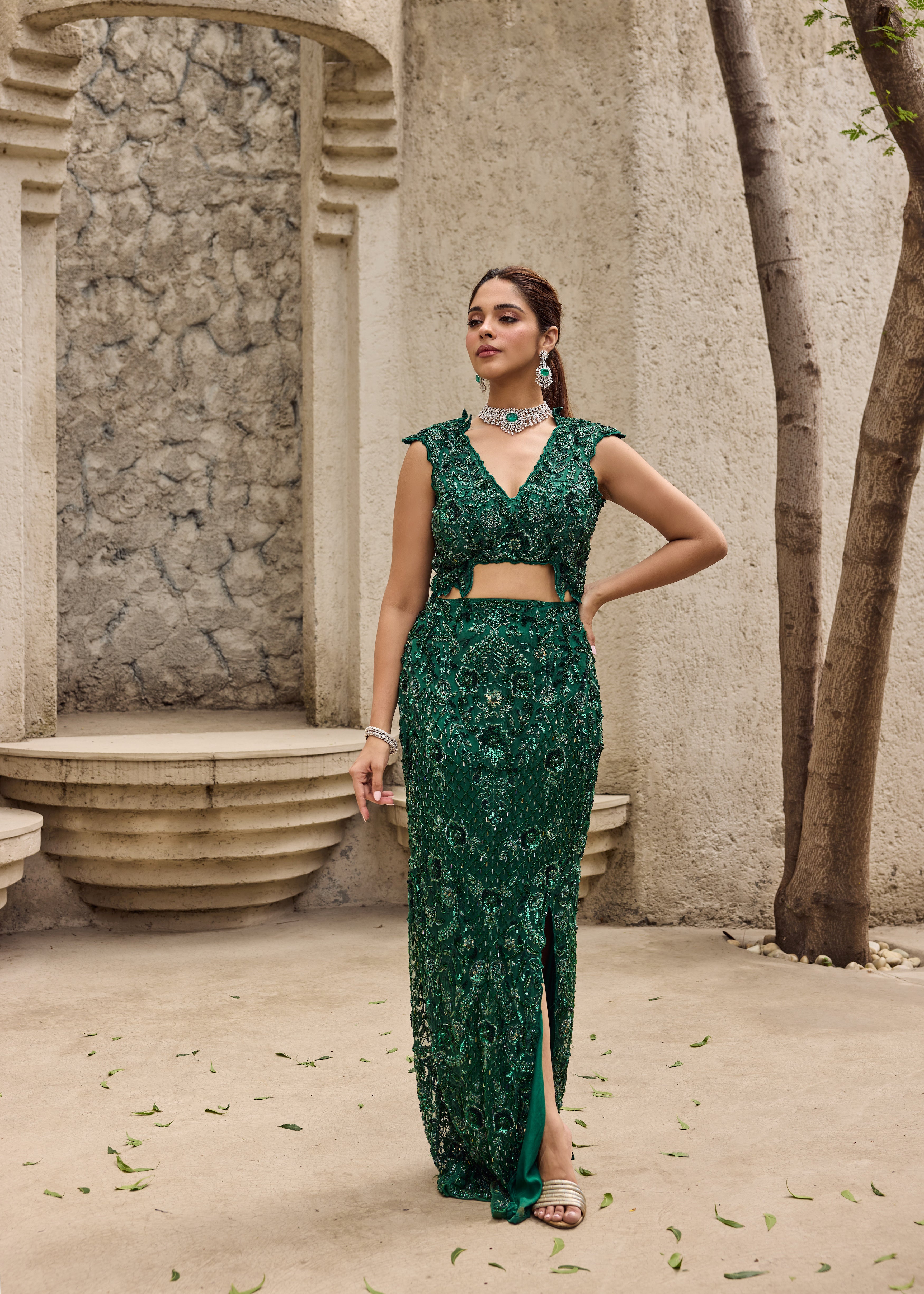 Deep shimmering green cut work gown