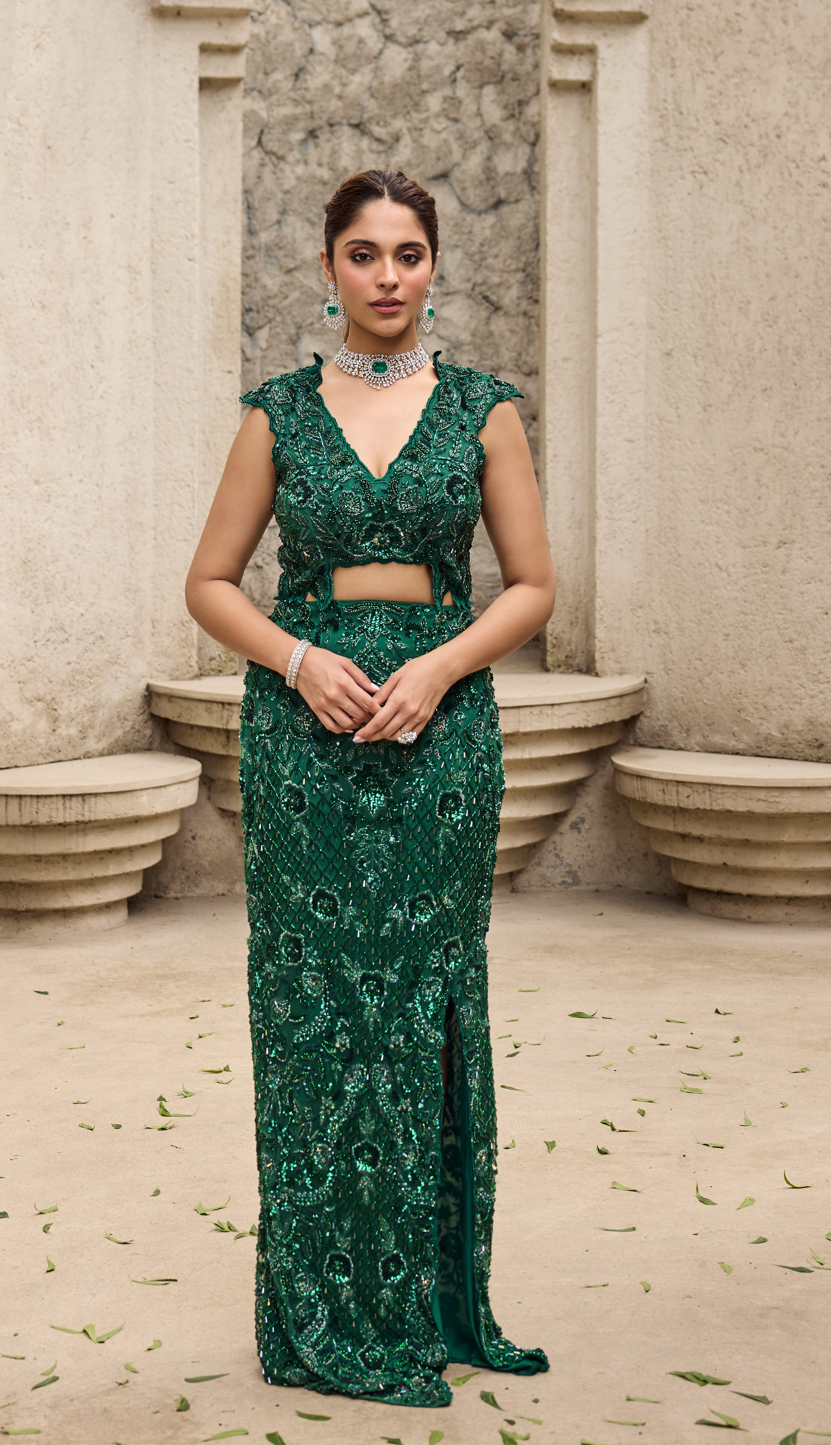 Deep shimmering green cut work gown