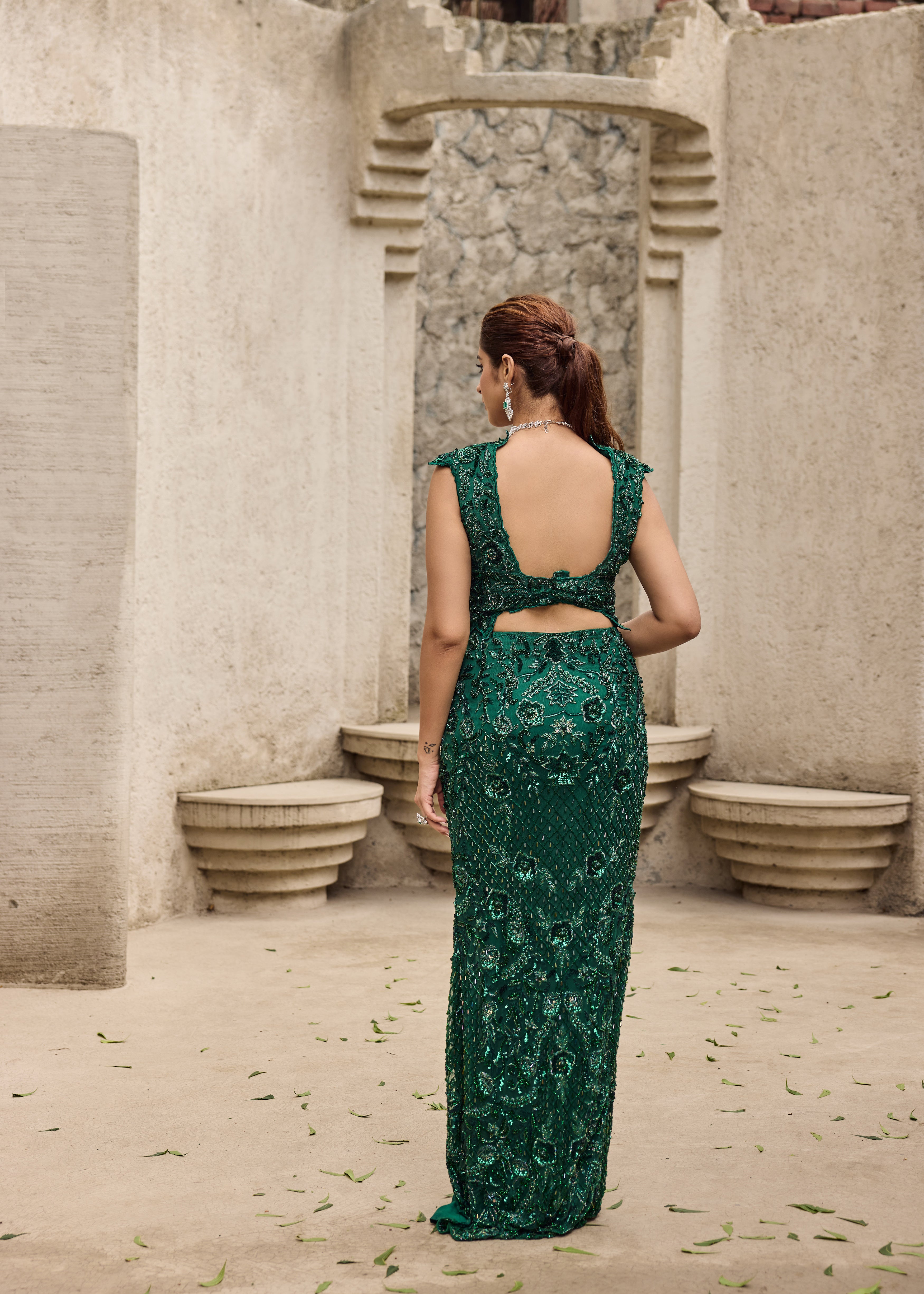 Deep shimmering green cut work gown