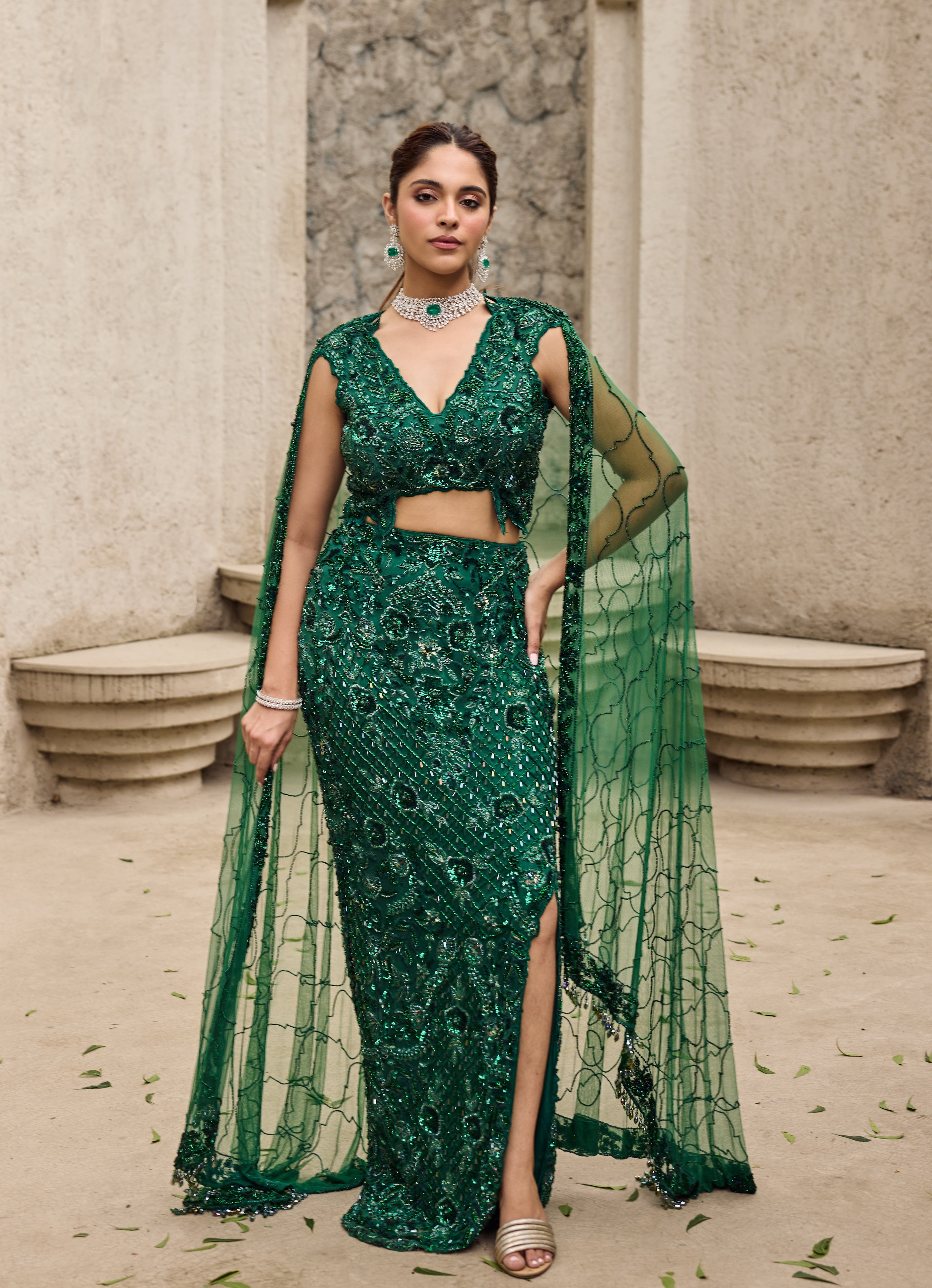 Deep shimmering green cut work gown