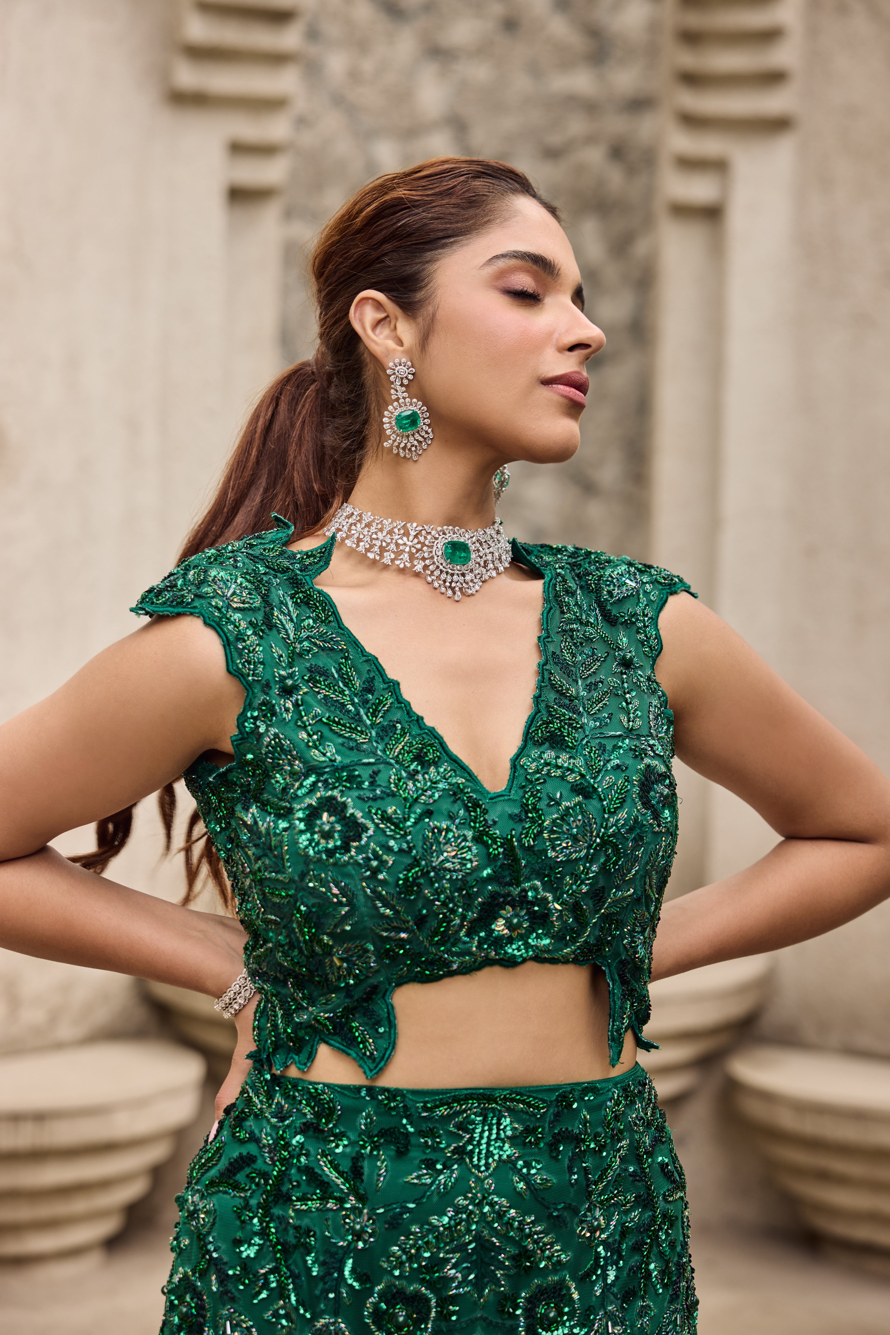 Deep shimmering green cut work gown