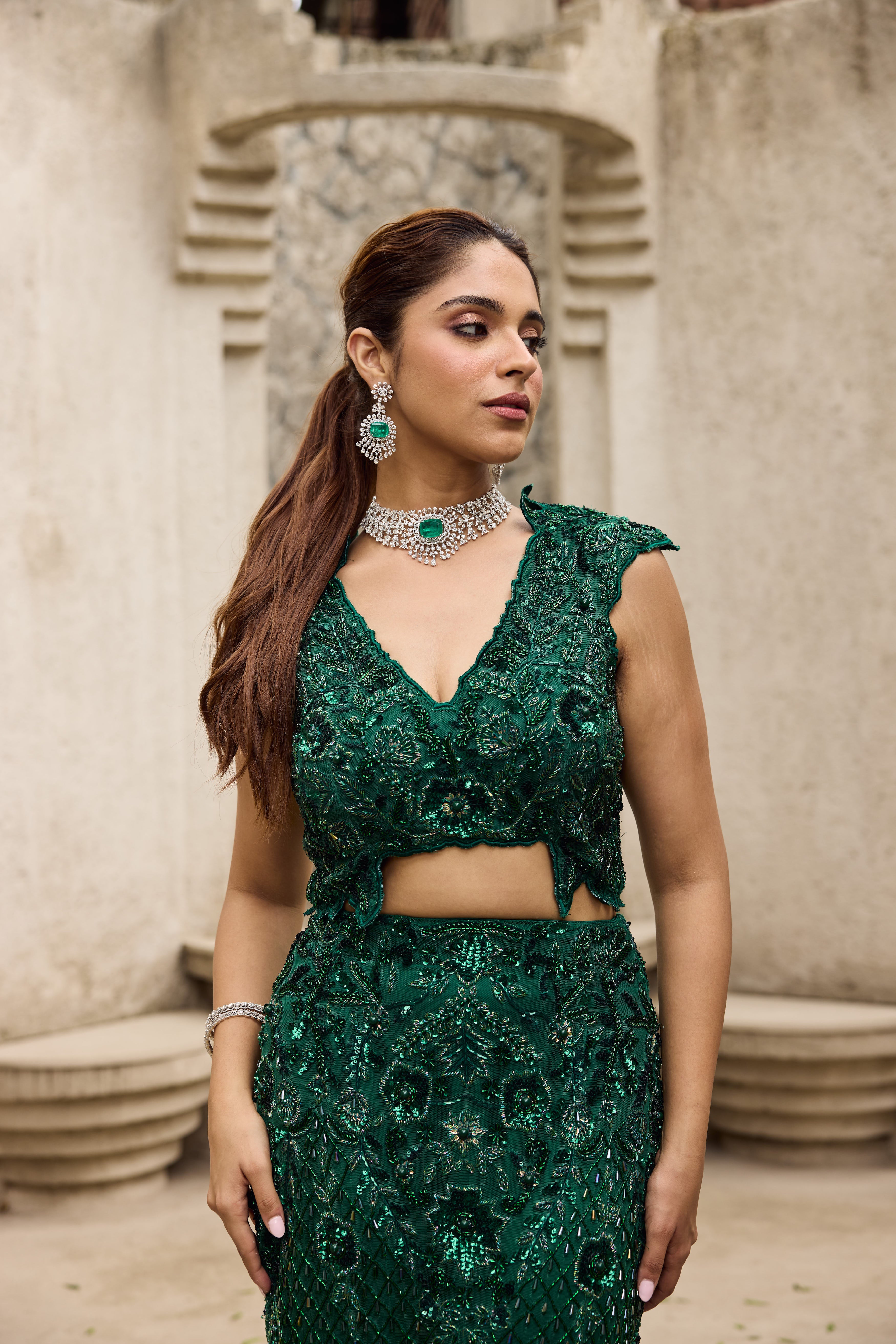 Deep shimmering green cut work gown