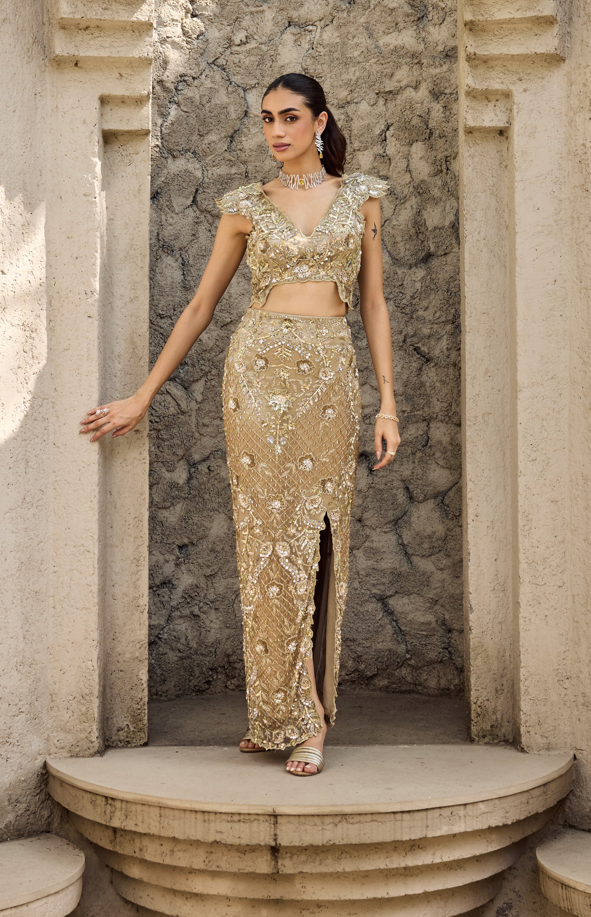 Gilded cut work gown