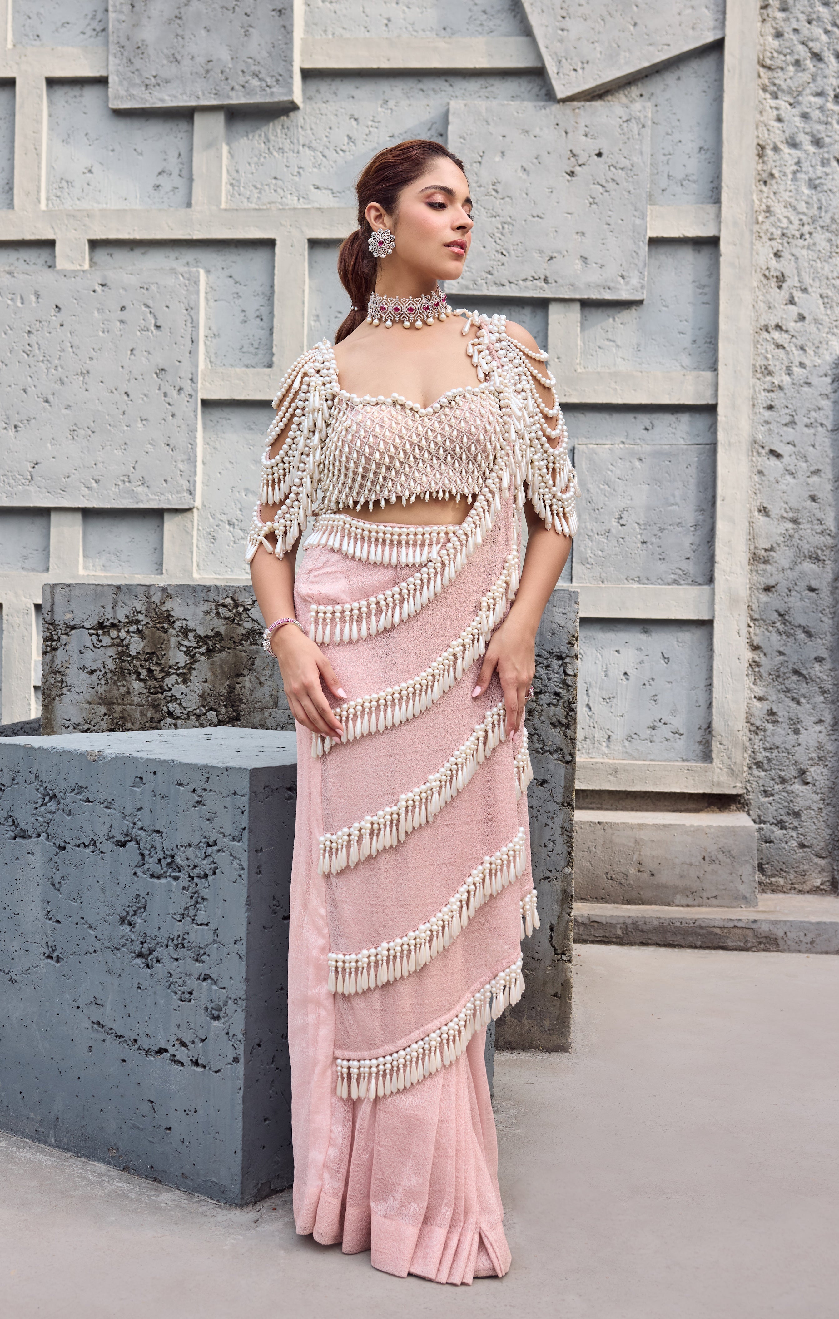 Blush Pink Pearl Tassel sari