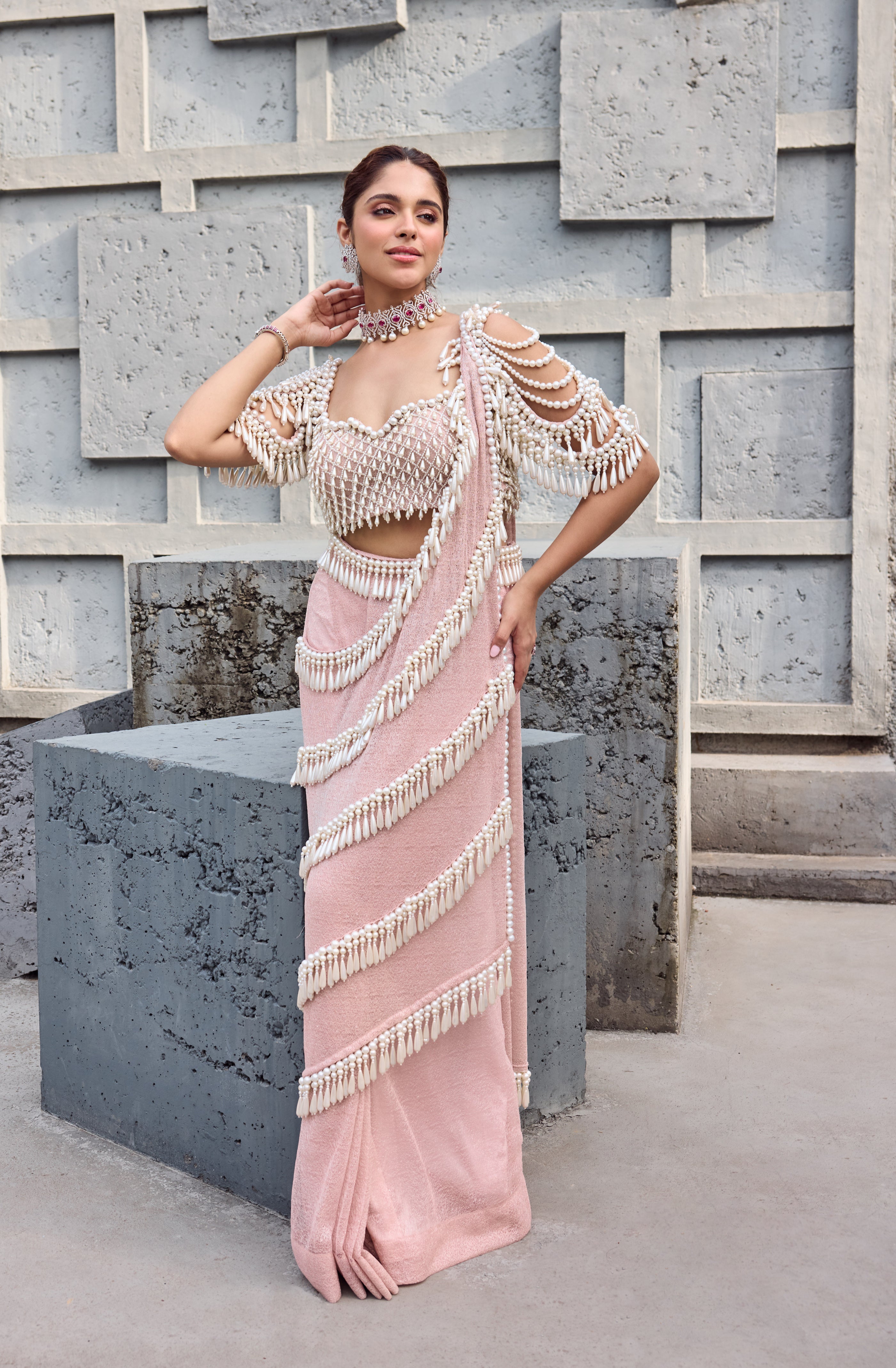 Blush Pink Pearl Tassel sari