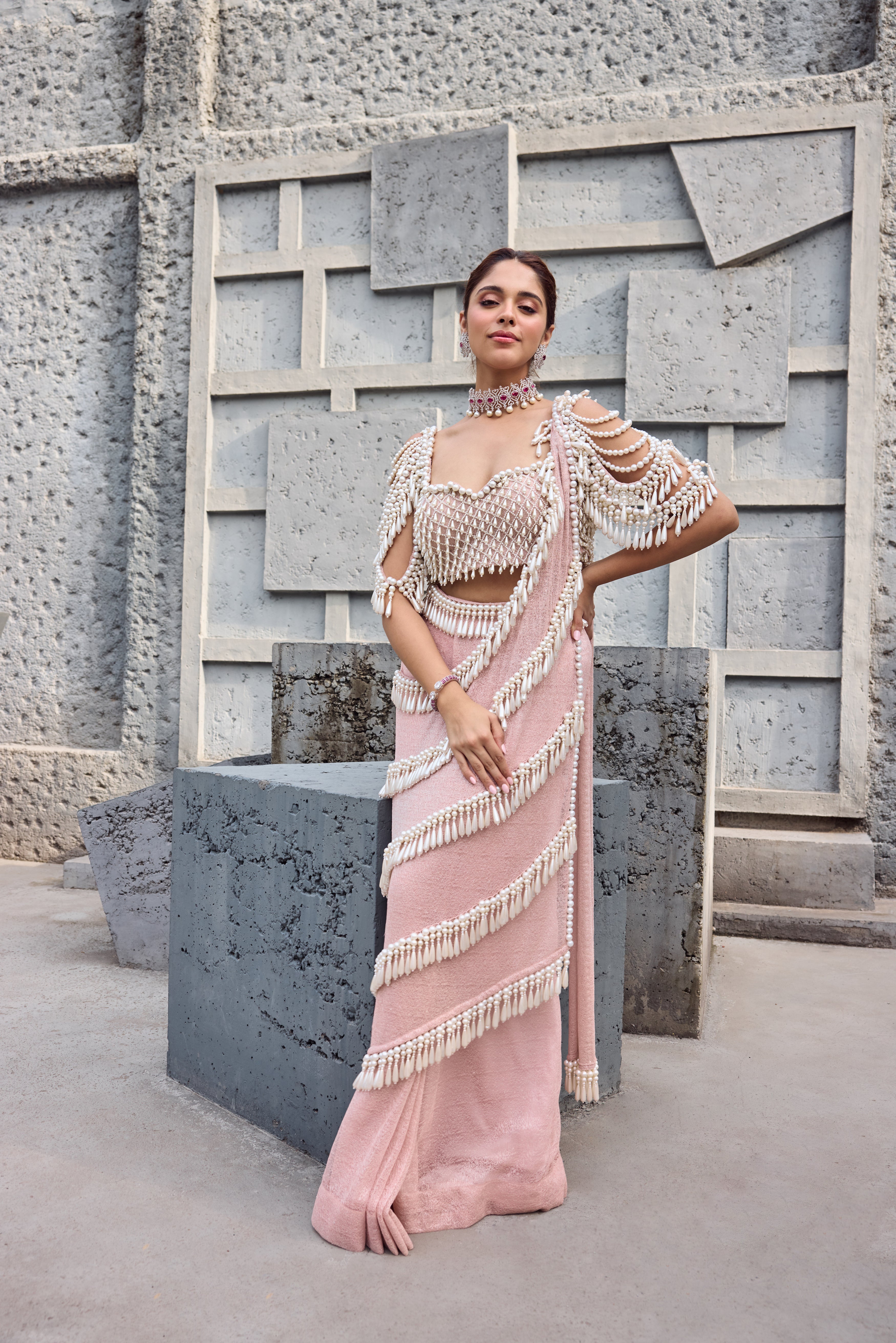 Blush Pink Pearl Tassel sari