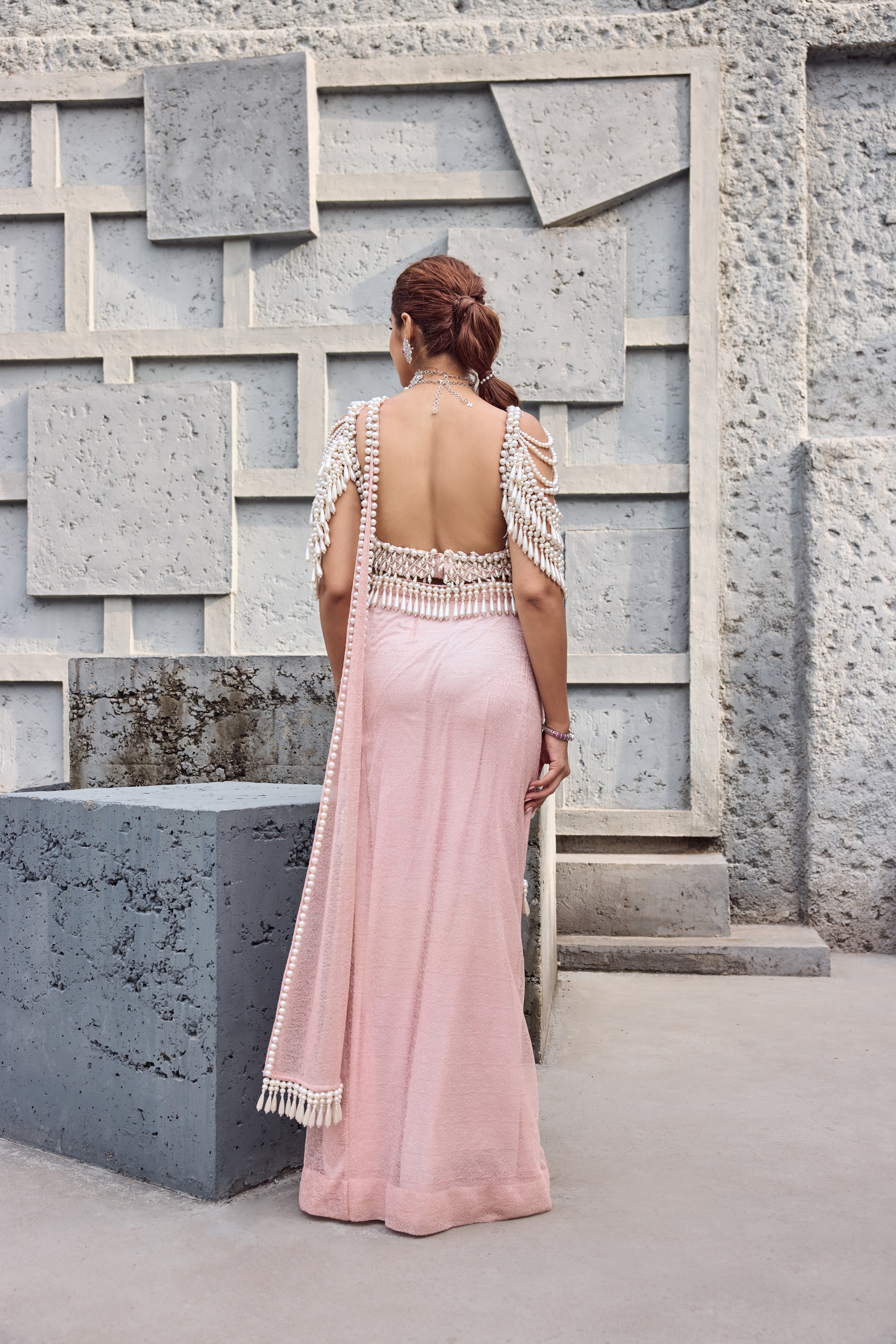 Blush Pink Pearl Tassel sari