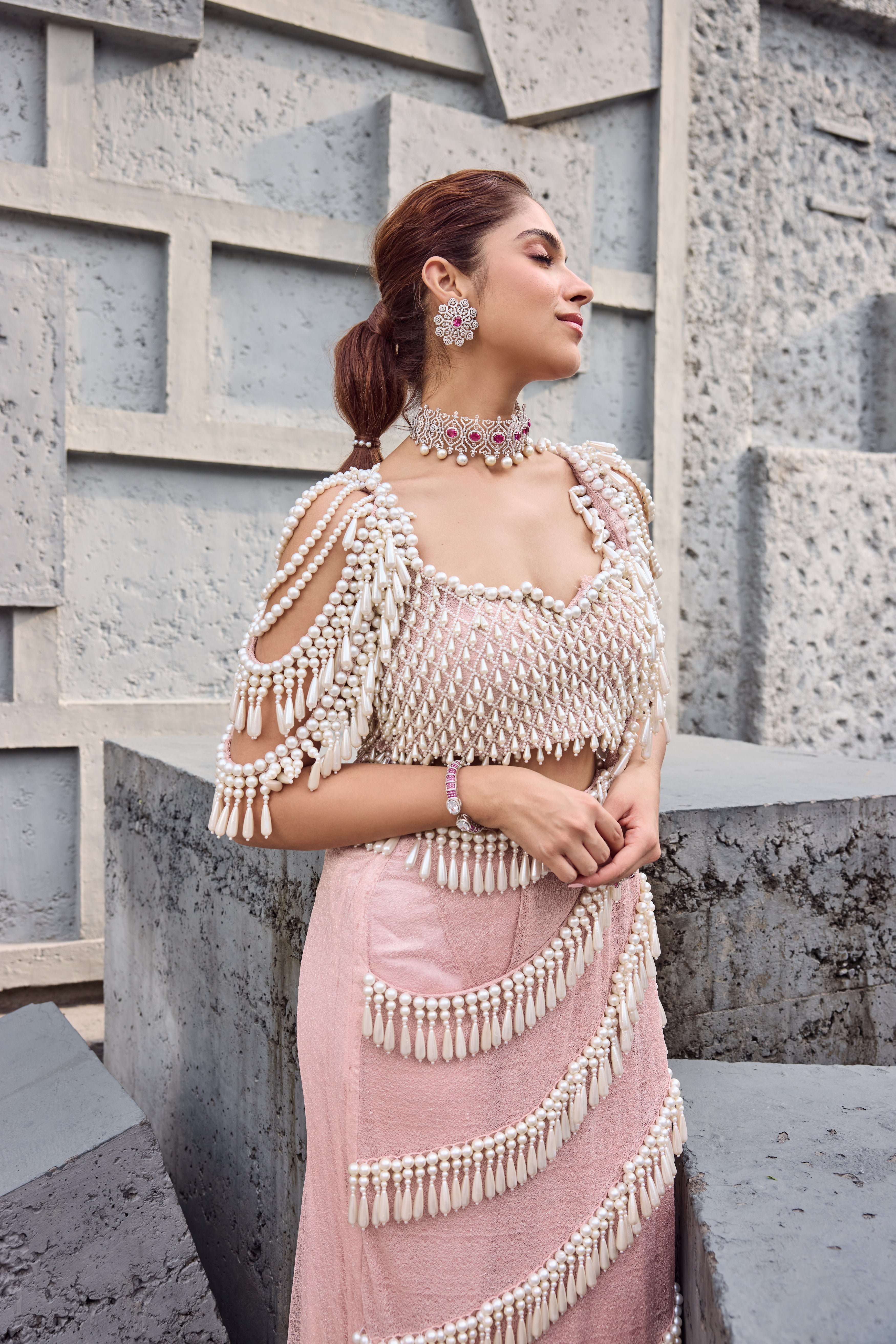 Blush Pink Pearl Tassel sari