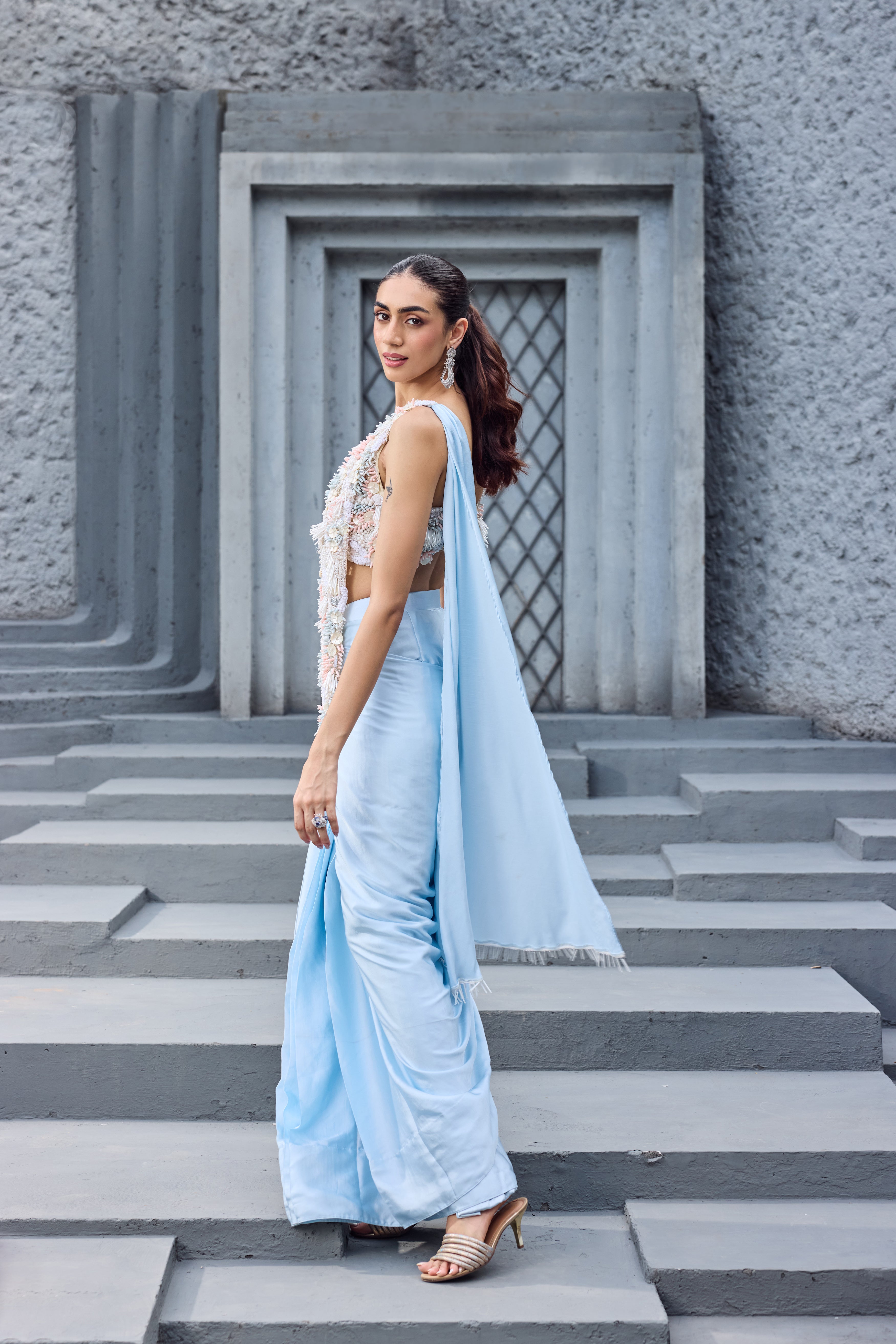 Coral embroidered Saree