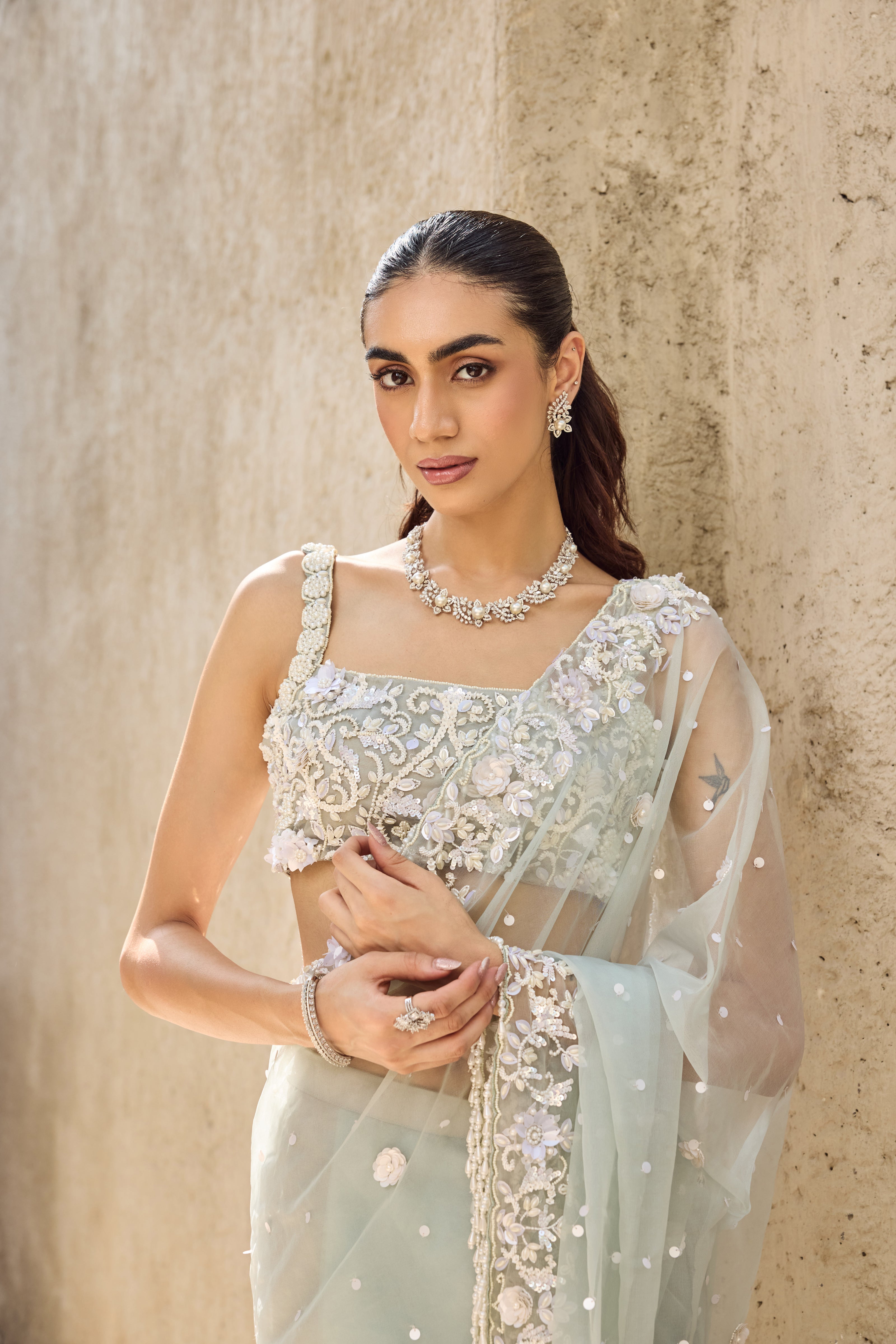 Mint Green Woven Linen Saree