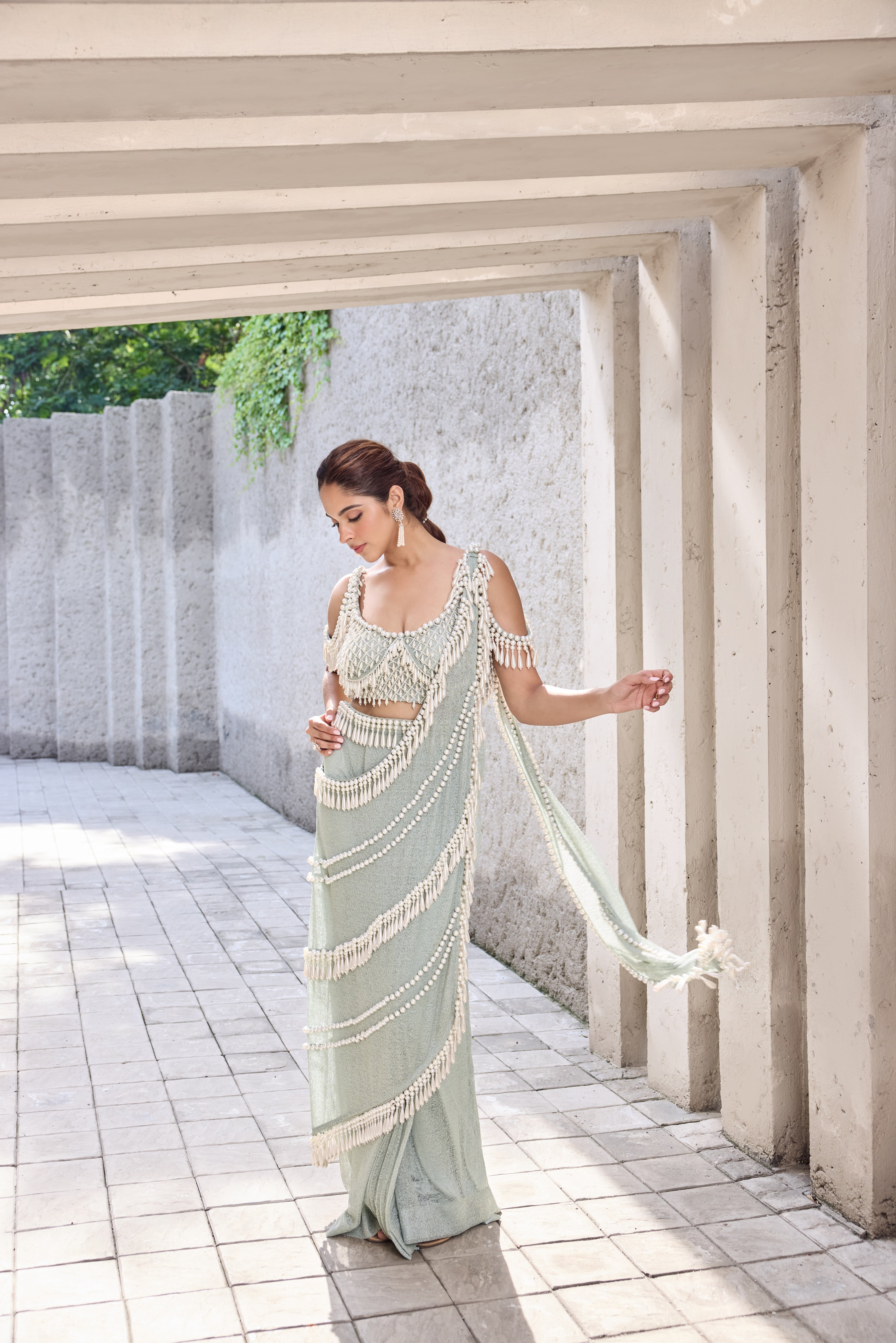 Sea Green Pearl Tassel sari