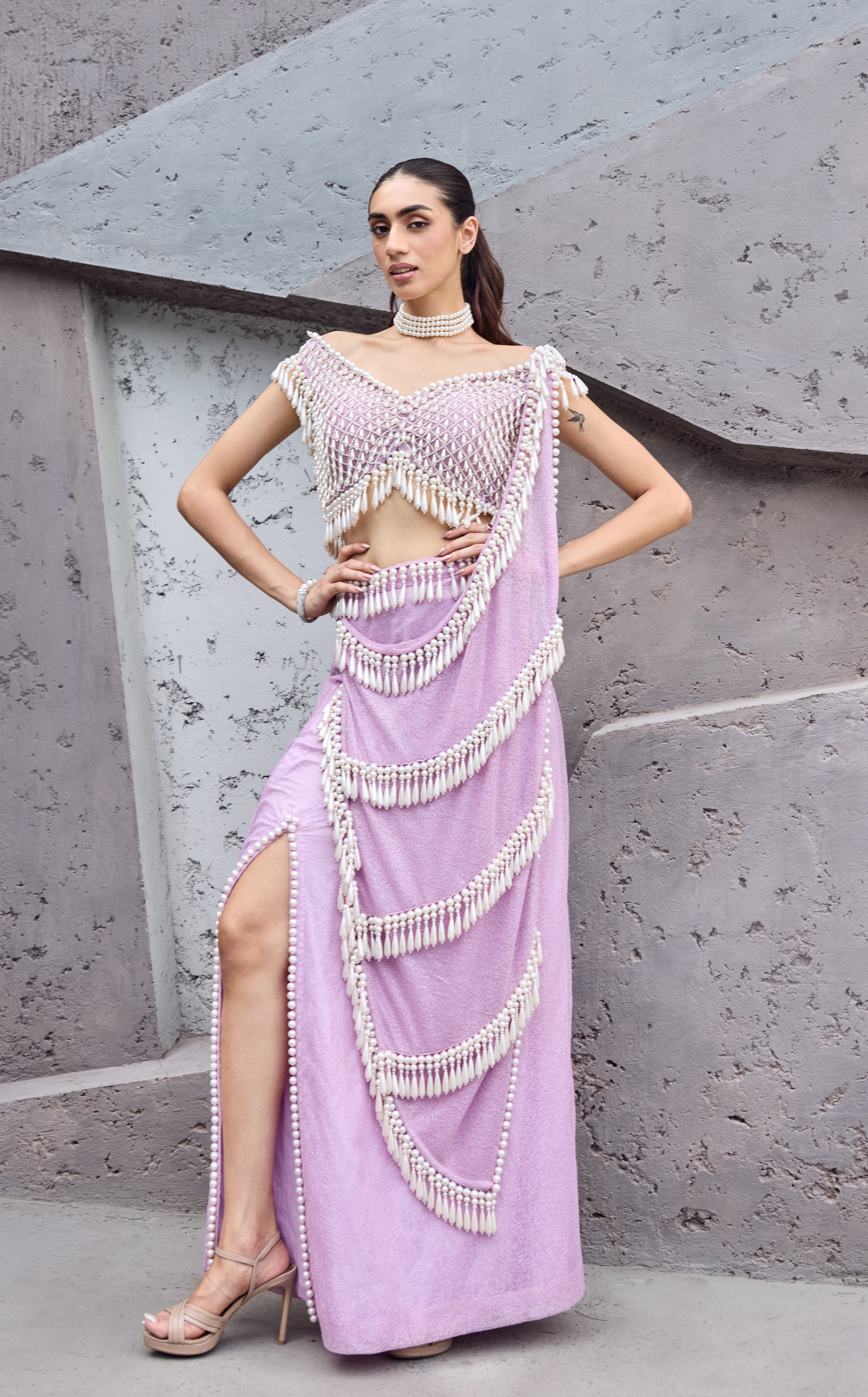 Lavender Pink Pearl tassel sari