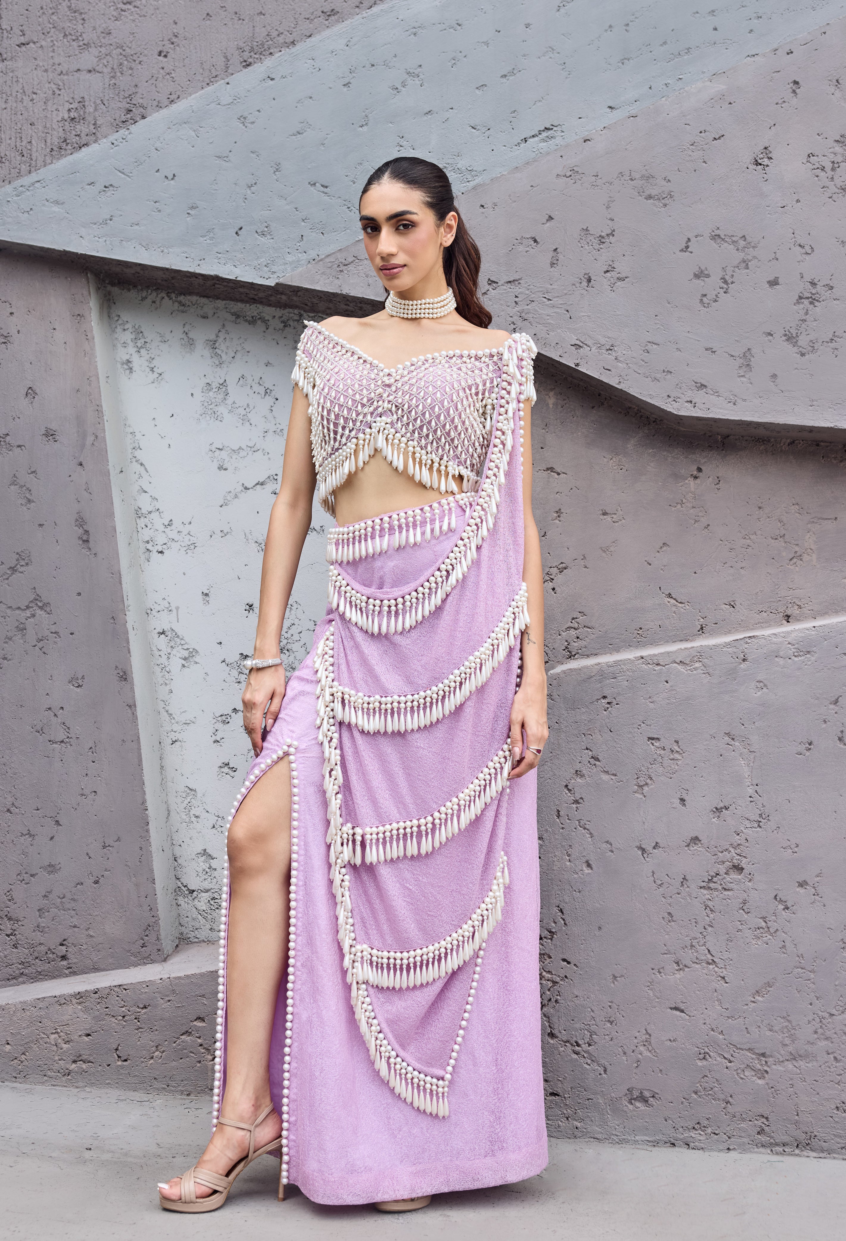 Lavender Pink Pearl tassel sari